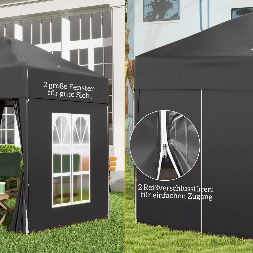 Sulankstomas paviljonas, alaus palapinė, 4 nuimamos šoninės sienos, 2 langai, metalinis rėmas, 2 x 2 m, juodos spalvos