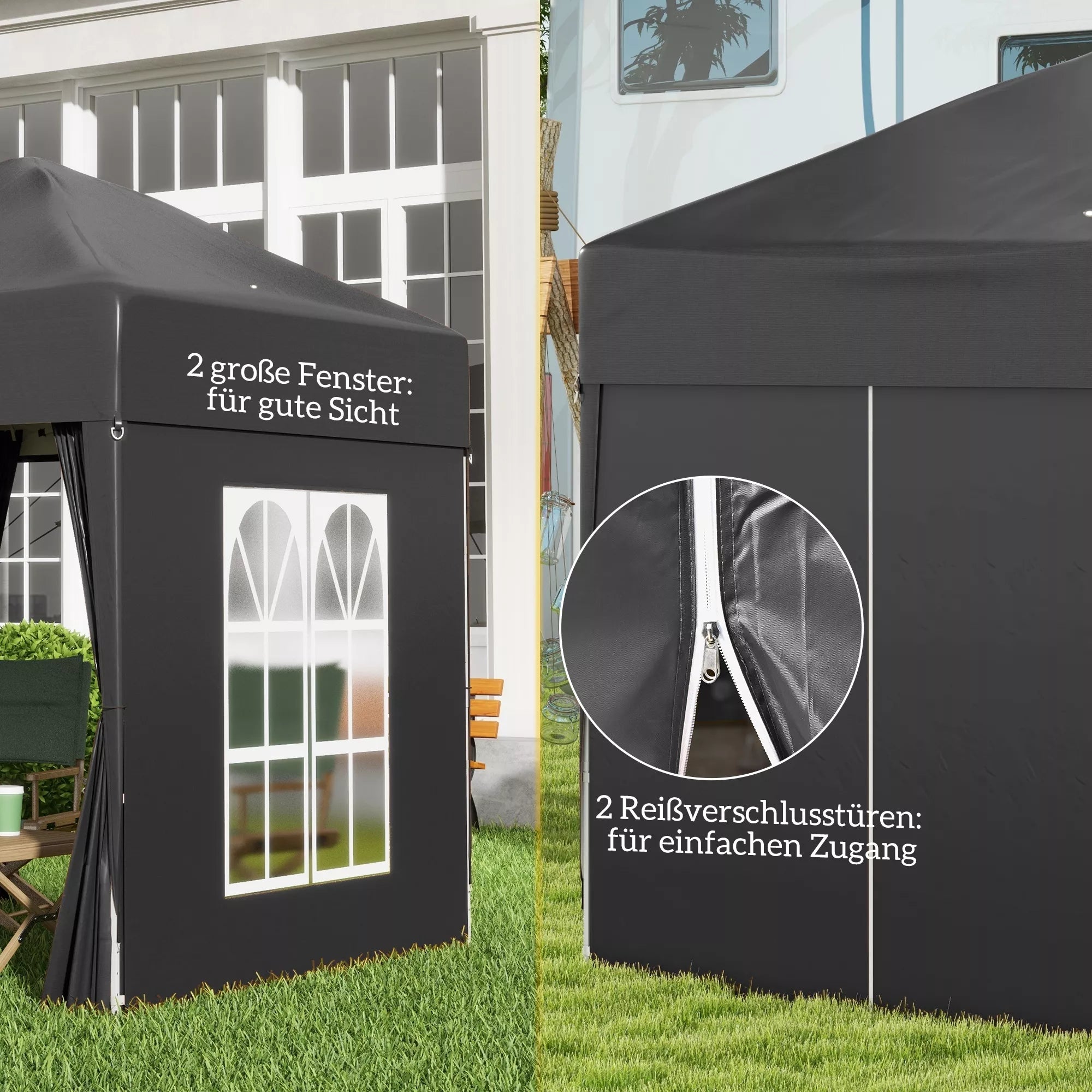 Sulankstomas paviljonas, alaus palapinė, 4 nuimamos šoninės sienos, 2 langai, metalinis rėmas, 2 x 2 m, juodos spalvos