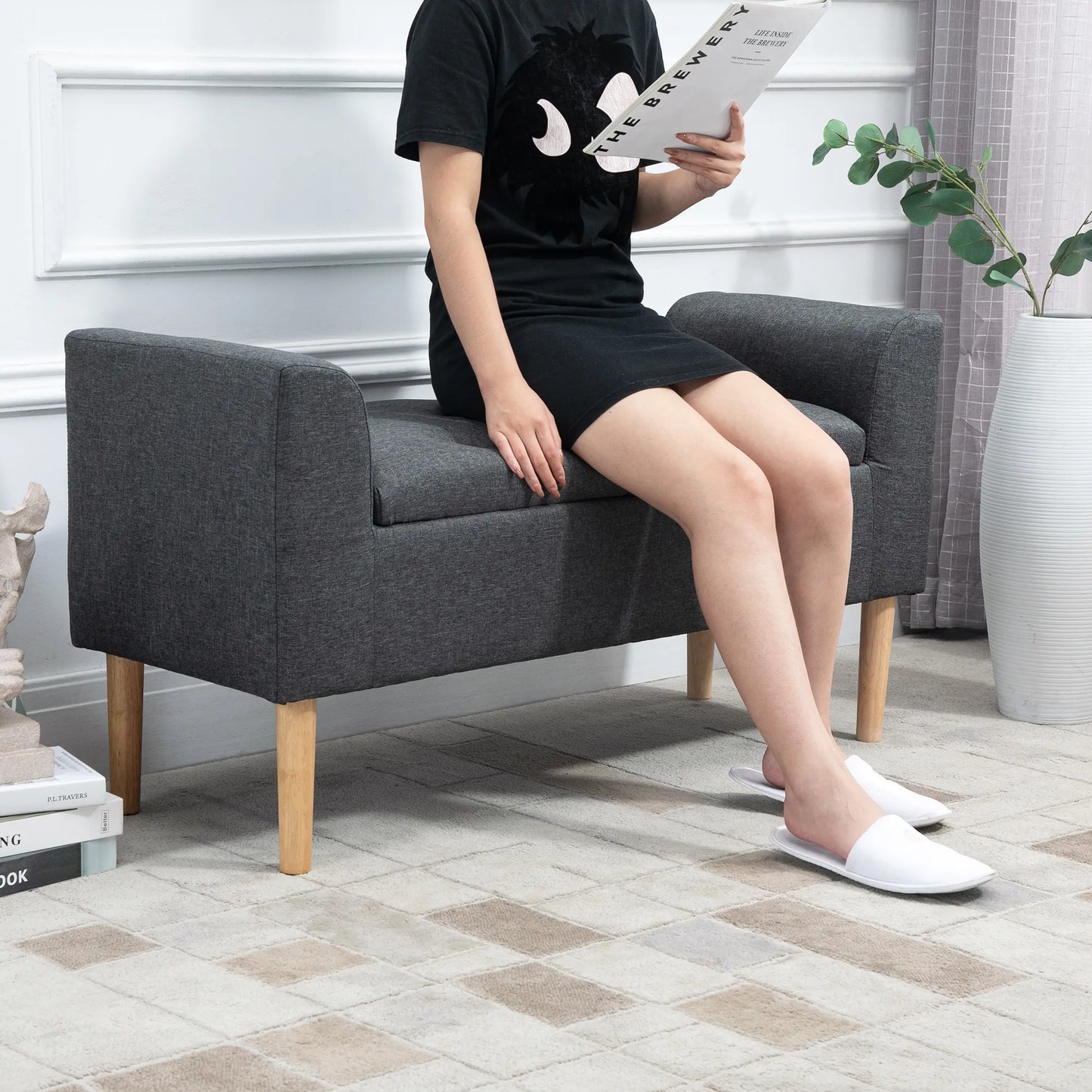 Talpus minkštas suoliukas su lino išvaizda, medinėmis kojomis, gali būti naudojamas kaip suolas iki 130 kg apkrovos, tinkamas svetainei, miegamajam, koridoriui, 116 x 44 x 58 cm Tamsiai pilkas