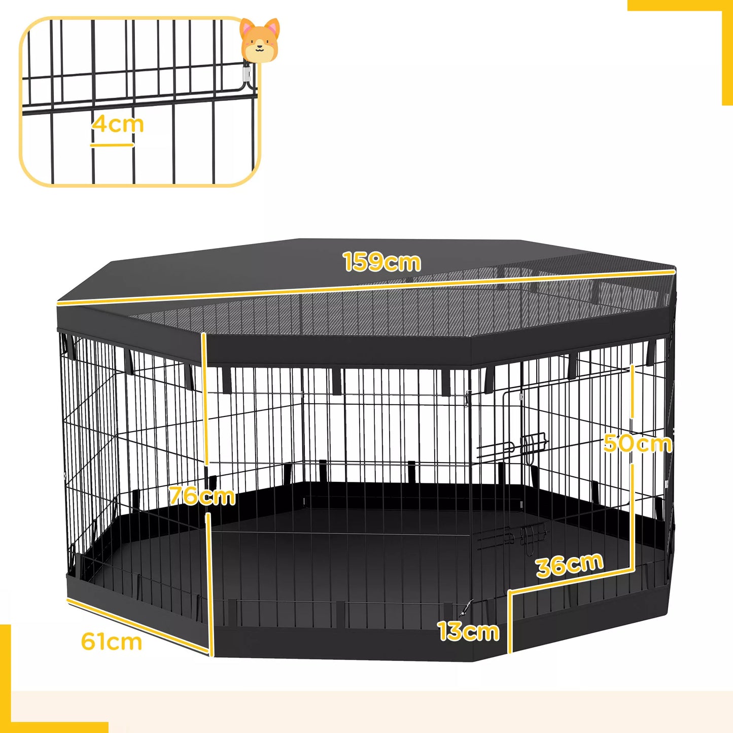 Šuniukų aptvaras, 76 cm aukščio/apie 2,5 m², 8 panelės, grindų danga, kombinuota stogo danga