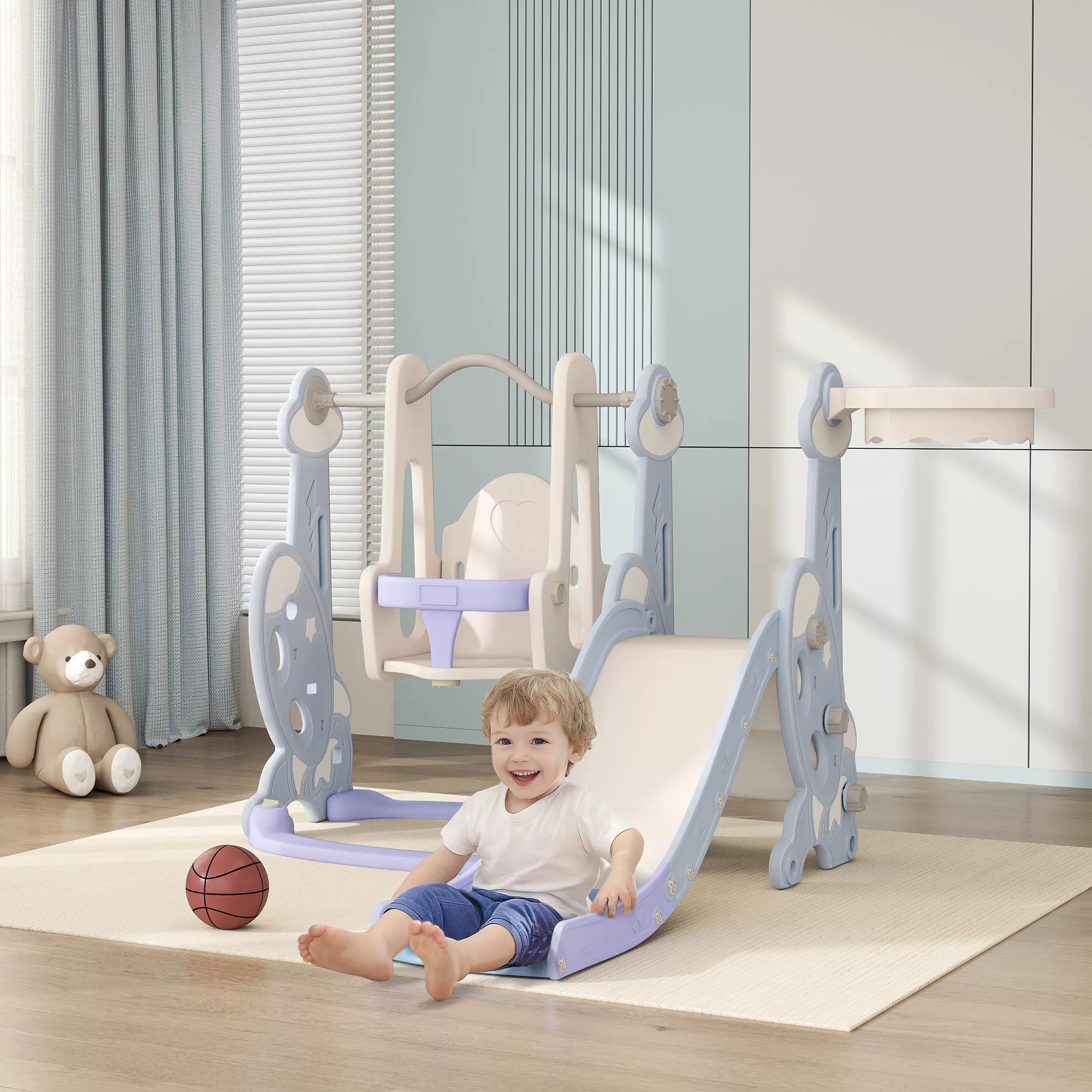 4-in-1 vidaus žaidimų aikštelė, čiuožyklos ir sūpynių rinkinys mažiems vaikams, krepšinio lankas, raketės dizainas, plastikas, šviesiai mėlyna spalva