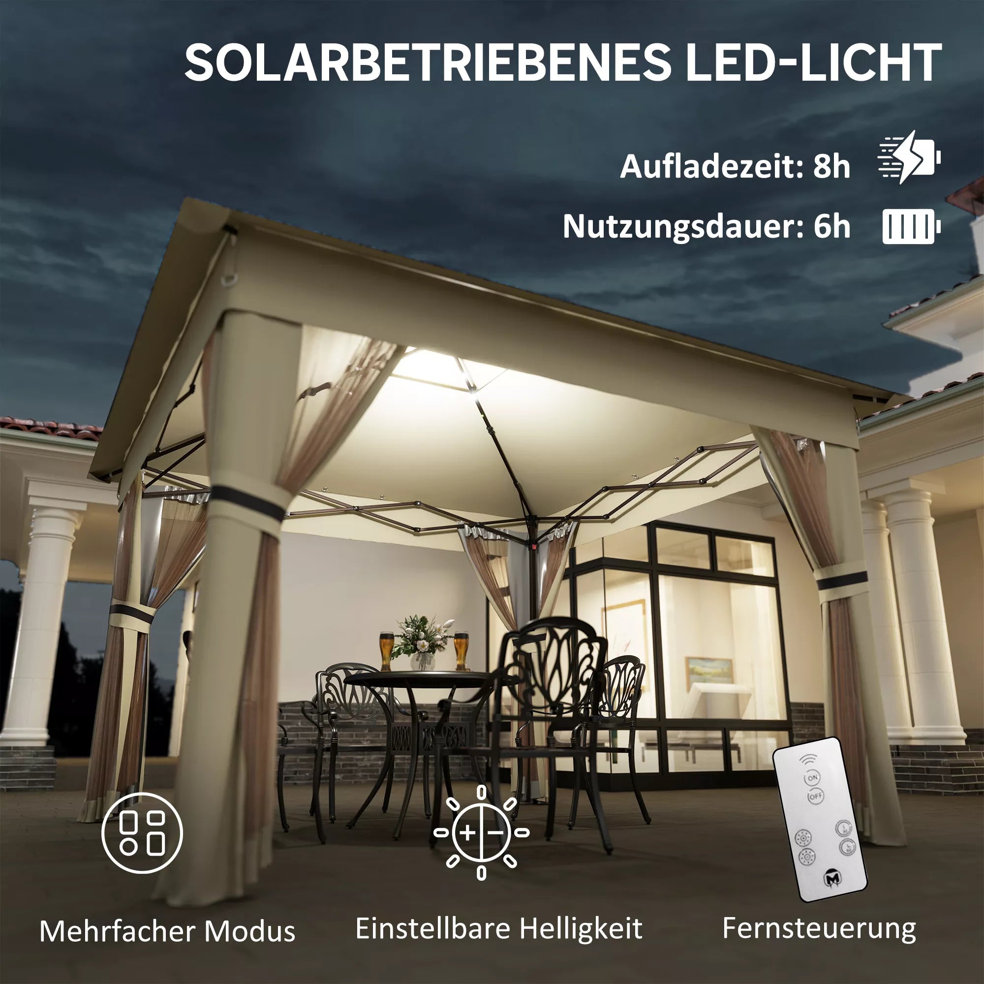 Paviljonas 3,3x3,3 m Vandeniui atsparus išskleidžiamas paviljonas su LED apšvietimu, dvigubu stogu, moskitų tinkleliu, 4 šoninėmis dalimis ir maišeliu