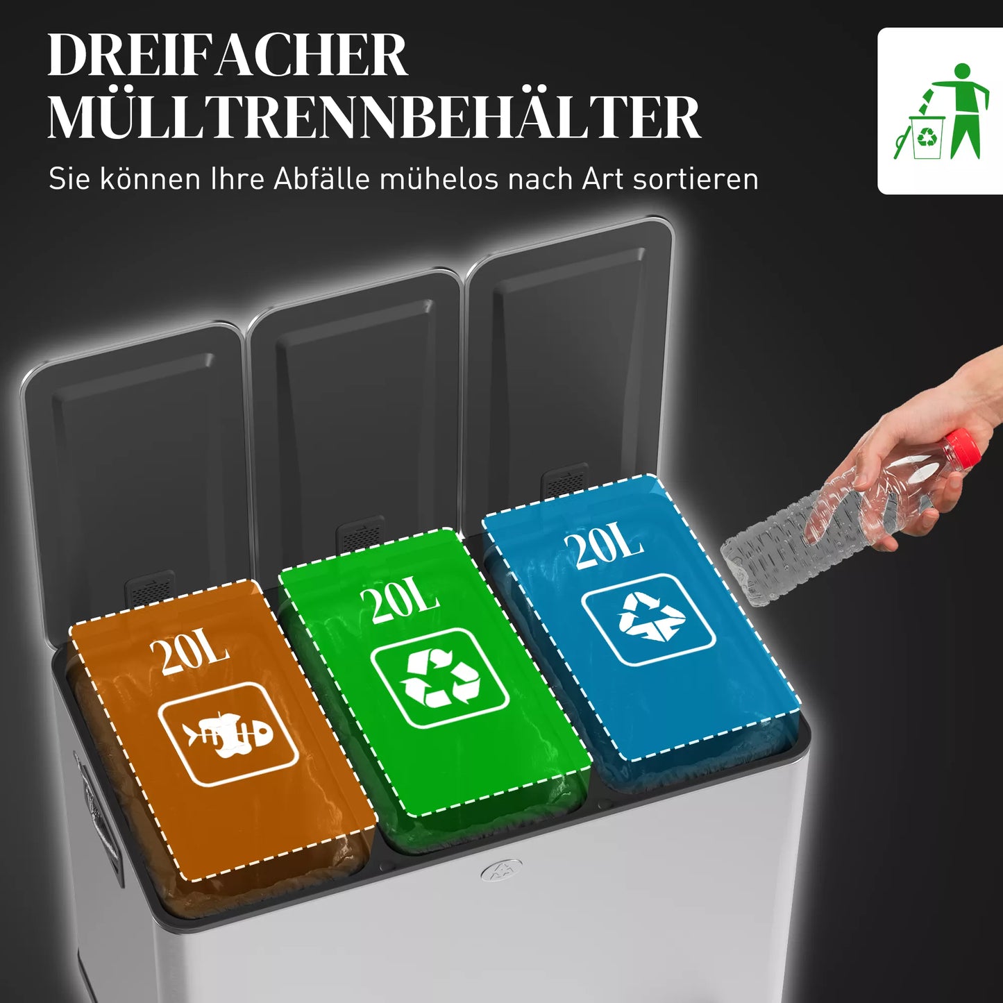 Šiukšliadėžė su 3 x 20 L skyriais, su kvapų neutralizavimo dangčiu, atspari pirštų atspaudams, su švelniu uždarymu, išimama, sidabrinė