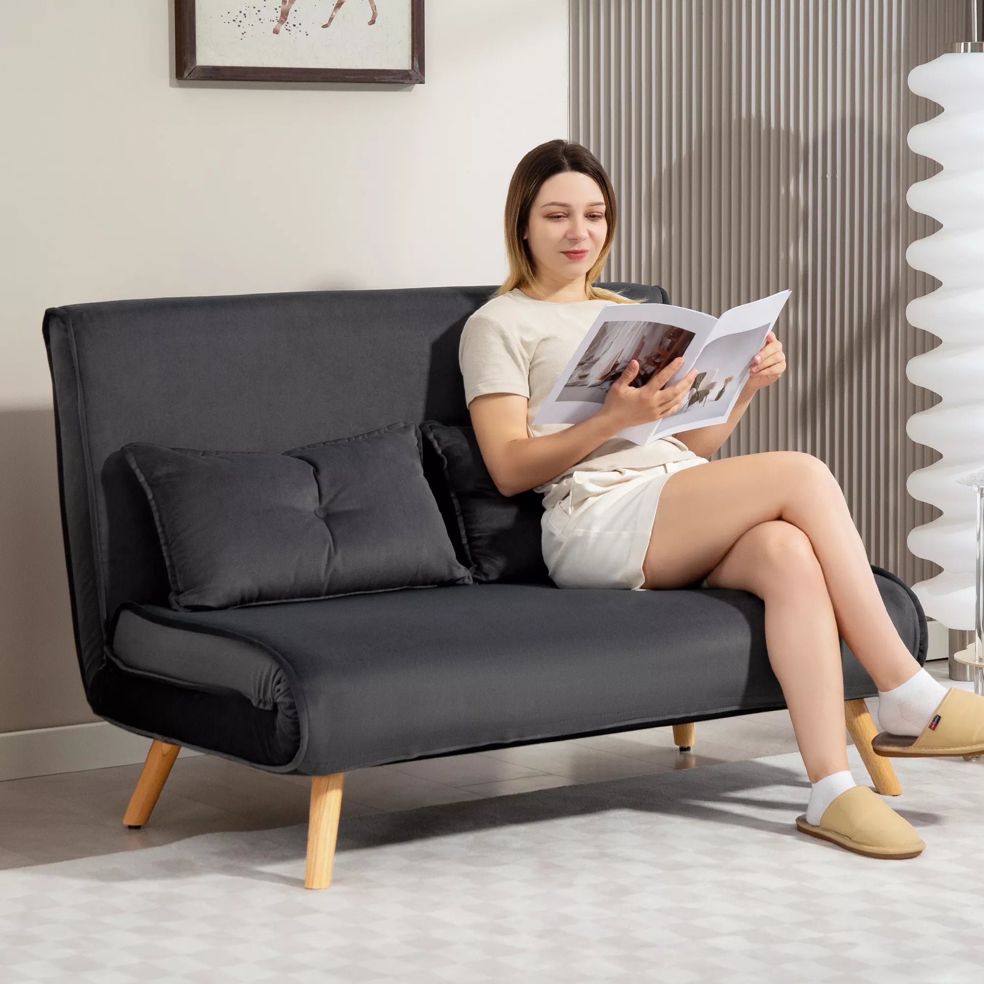 2-vietė miegamoji sofa, miegamoji sofa, į lovą transformuojama sofa, reguliuojamas atlošas, audinio apmušalas, metalinis rėmas, pilkos spalvos