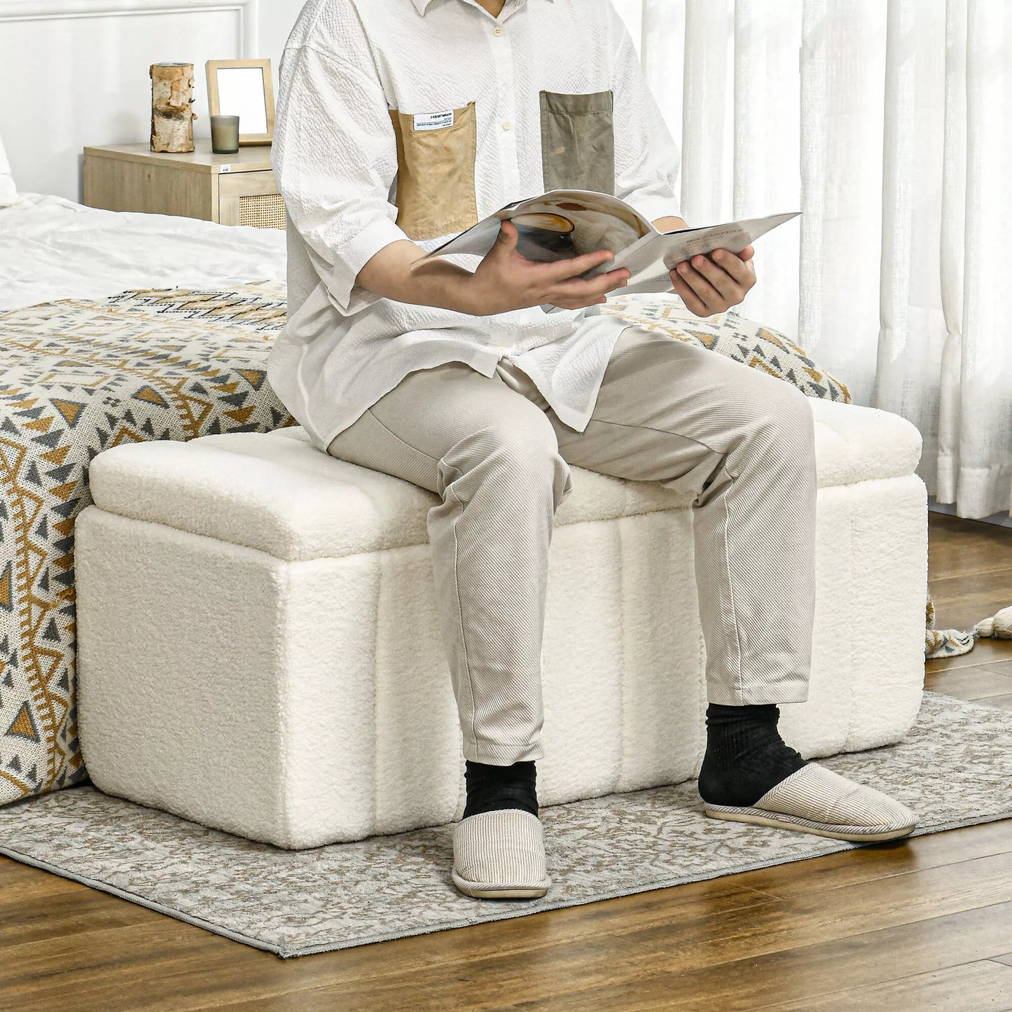 HOMCOM Minkštasuolis su laikymo vieta, atlaiko iki 120kg, 102x45x46cm, kreminės baltos spalvos