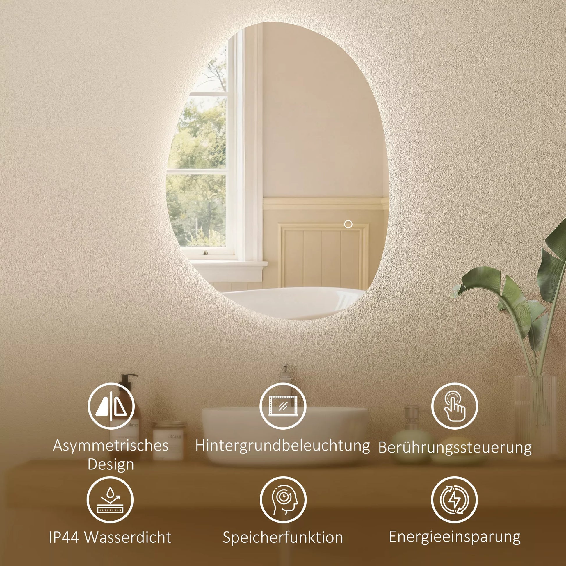 70 x 50 cm asimetrinis vonios veidrodis su LED apšvietimu, „Smart Touch“ jungikliu, apsauga nuo rasos susidarymo, sidabrinis