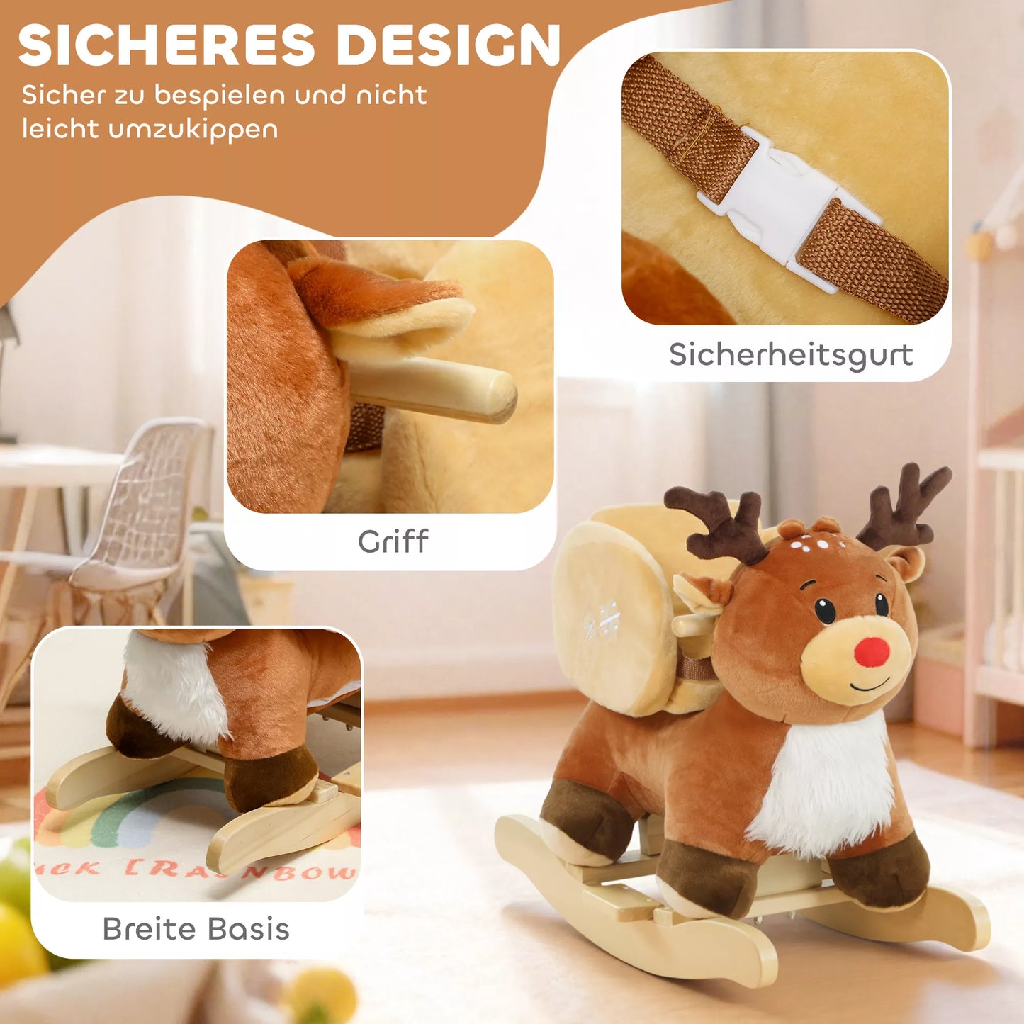 Vaikų supynės arkliukas Kūdikio supynės elnias su lopšinėmis, skirtas 18–36 mėnesių vaikams Pliušinis 65 x 35 x 59 cm Rudi