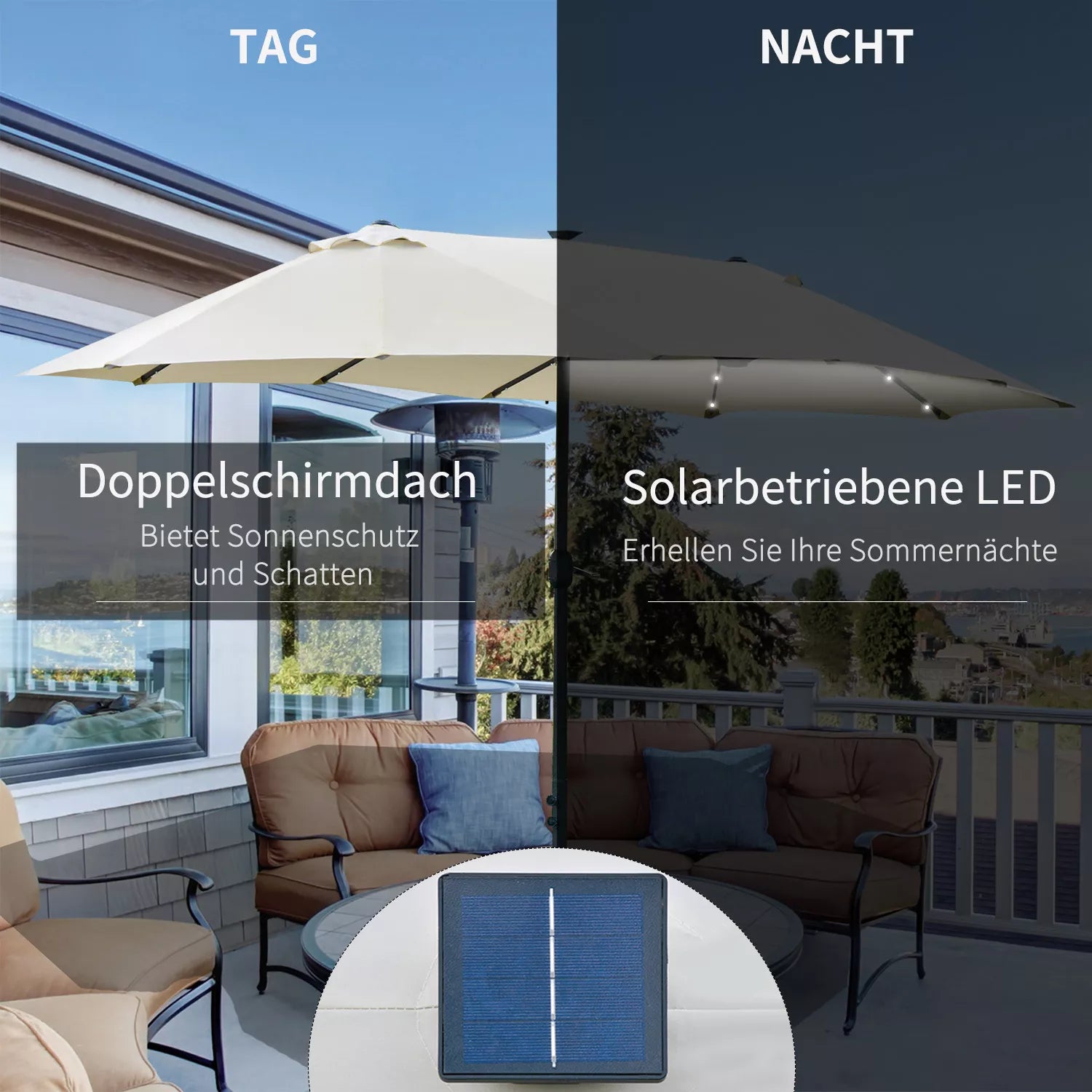 Skėčio dieną ir naktį schema su saulės stogeliu ir LED lempute