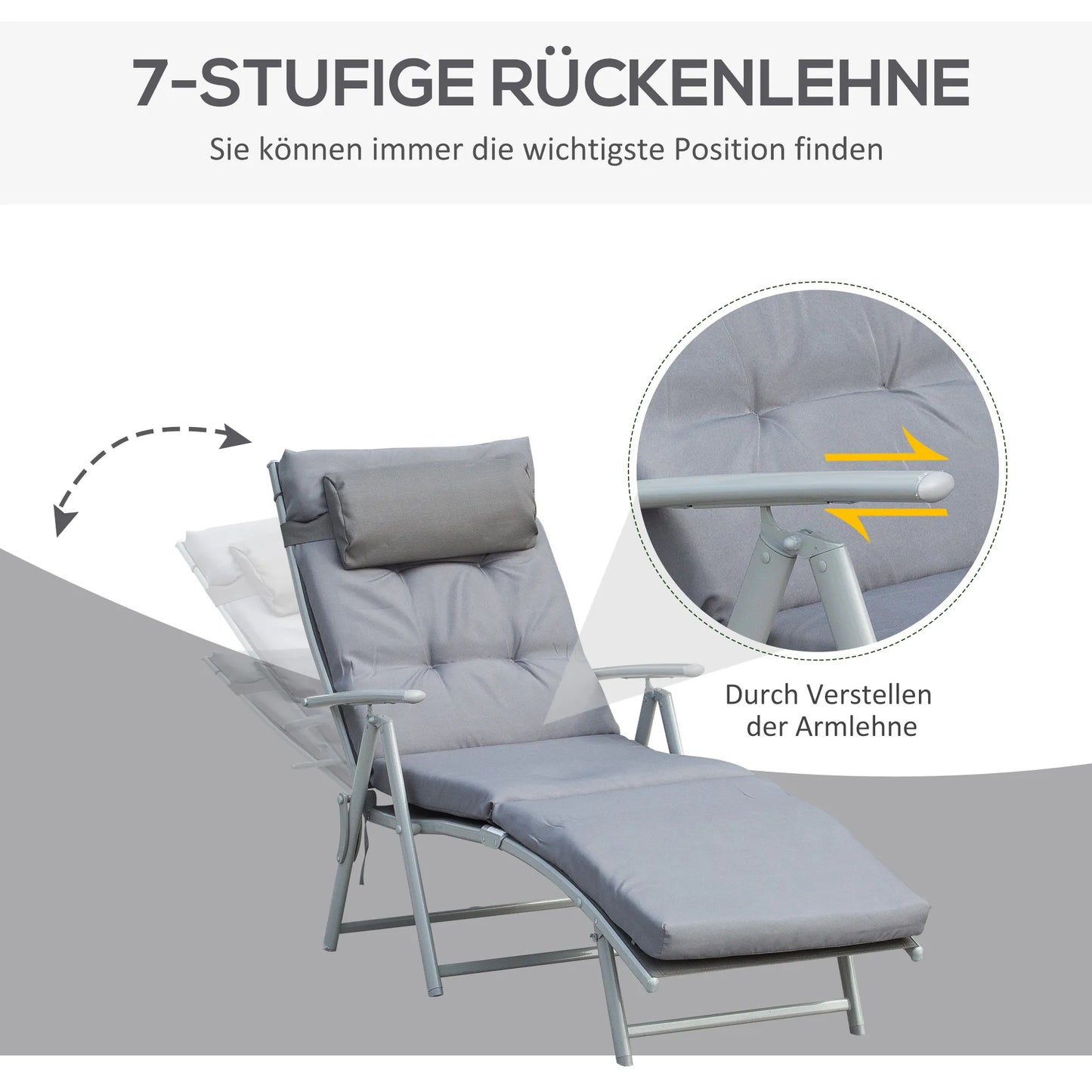 Sulankstoma lauko gultas su pagalvėlėmis ir 7 padėčių atlošo reguliavimu, atlaikantis iki 165 kg, sodui, atostogoms, lauke, pilkos spalvos