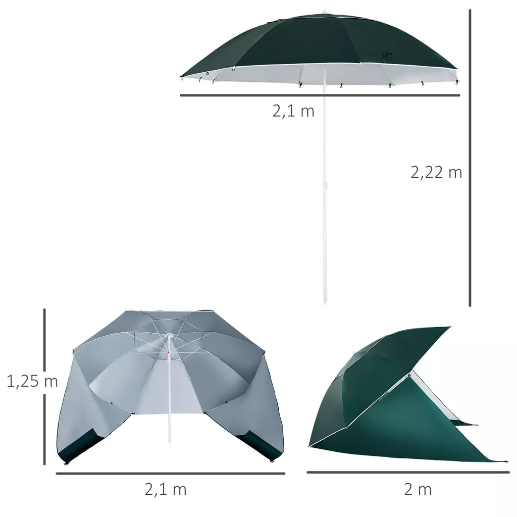 2 in 1 saulės skėtis paplūdimiui Ø 210 cm UPF 50+ atsparus vėjui paplūdimio skėtis su šoninėmis sienelėmis nešimo krepšys balkono skėtis sulankstomas sodo skėtis apsauga nuo saulės kelionėms, paplūdimiui, balkonui, kempingui tamsiai žalias