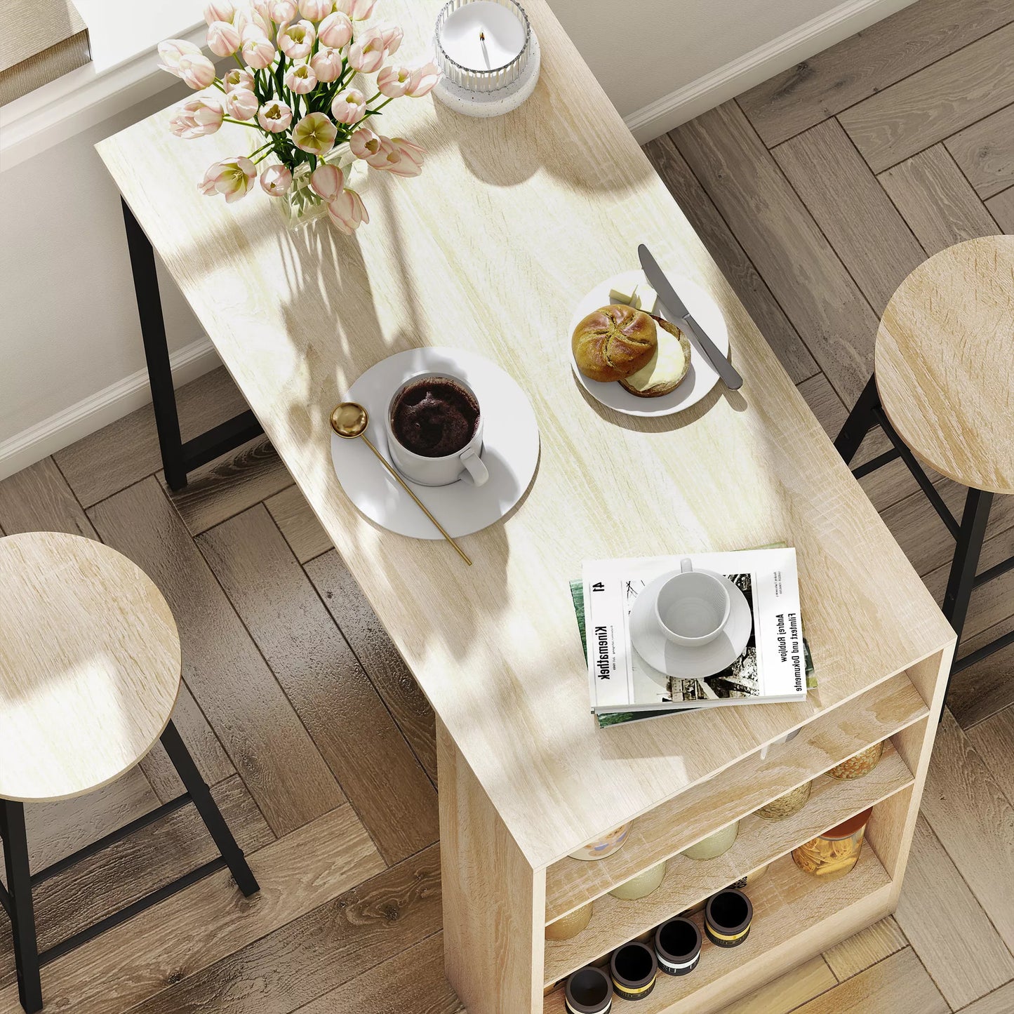 3 dalių baro stalo komplektas, 1 baras, 2 kėdės, su laikymo vieta ir kojų atramomis, taupantis vietą, šviesiai rudas+juodas