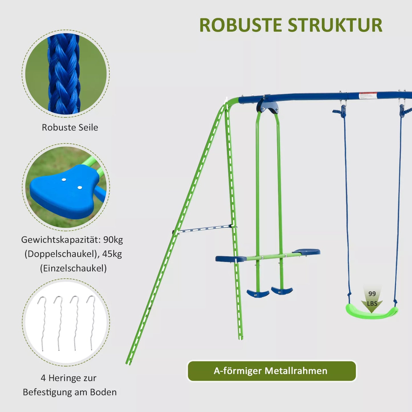 Lauko sūpynių aikštelė su 2 sūpynėmis ir balansyru, vaikiškos sūpynės su metaliniu rėmu, žalia