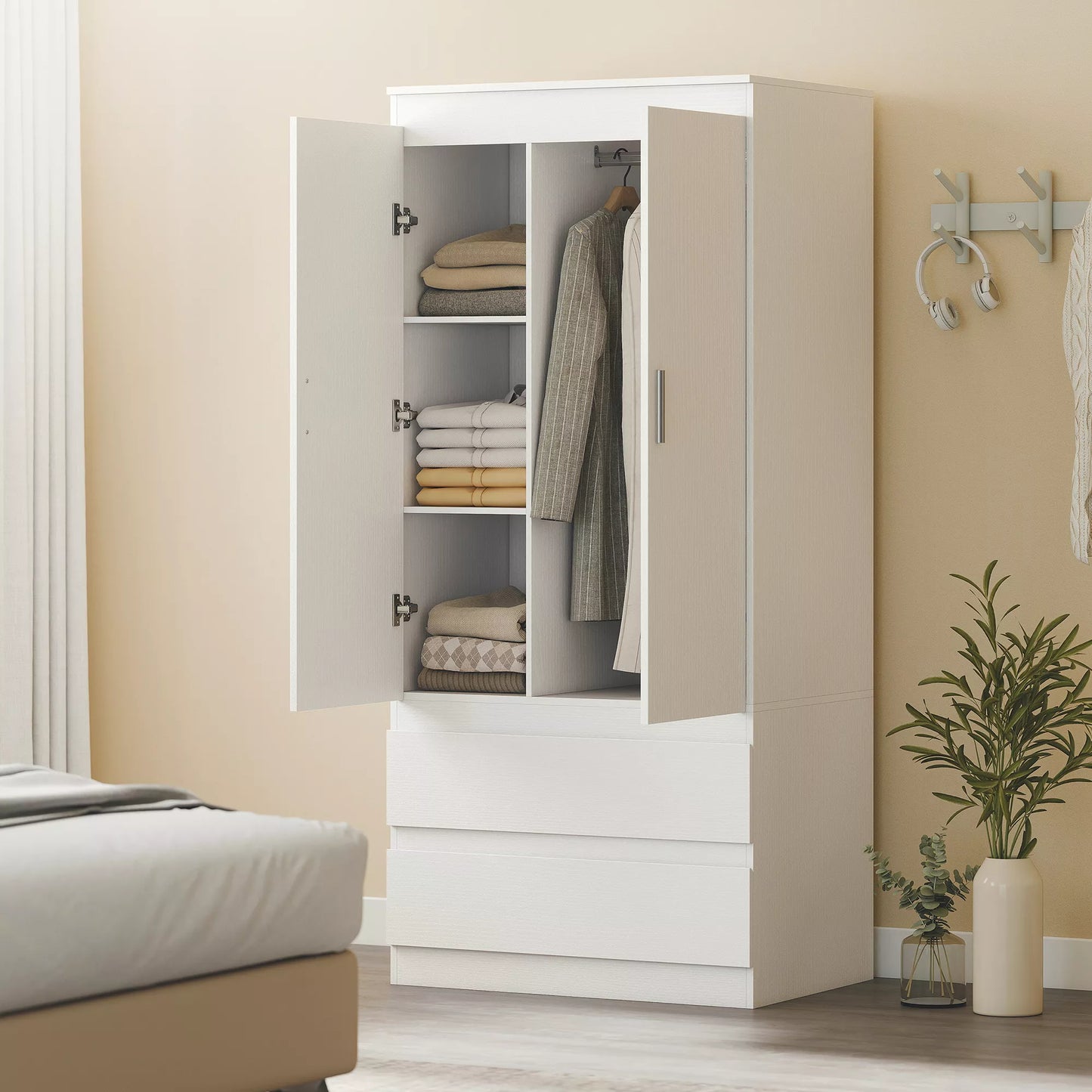 Miegamojo drabužinė su 2 durimis, 2 stalčiais, 3 skyreliais, mediena, balta