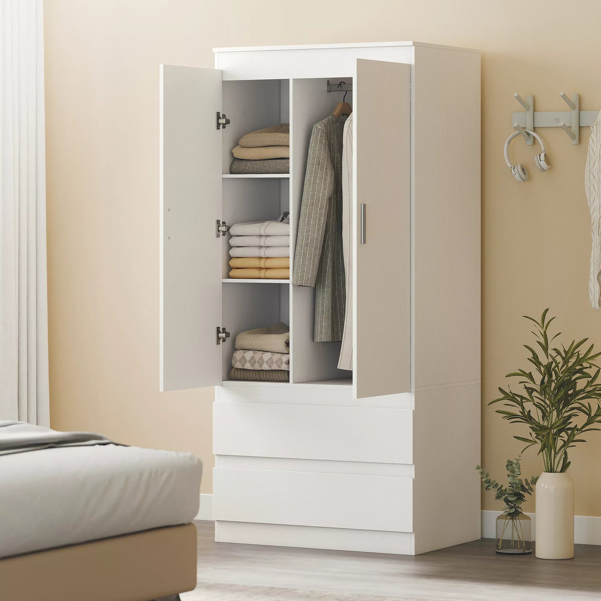 Miegamojo drabužinė su 2 durimis, 2 stalčiais, 3 skyreliais, mediena, balta