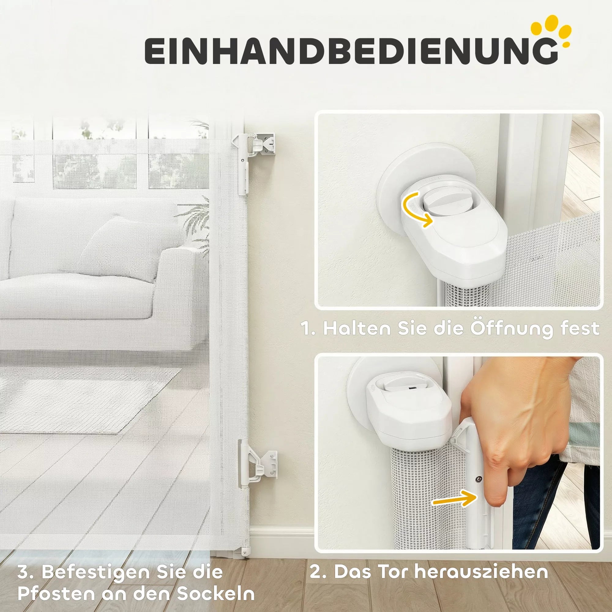 Laiptų apsauginė grotelė, ištraukiama 0–140 cm, valdoma viena ranka, skirta naminiams gyvūnams, laiptams ir durims, balta