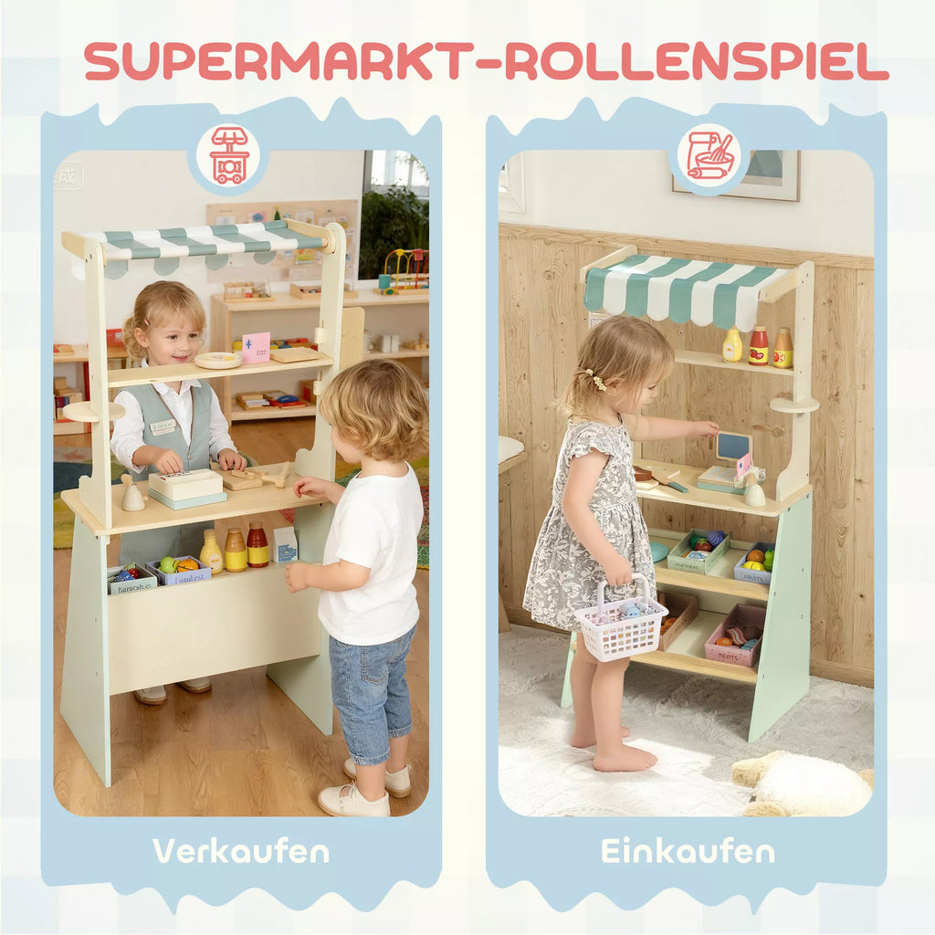 Vaikų parduotuvė Supermarket su kasos aparatu, skaitytuvu, lentele ir 34 priedais žalios spalvos