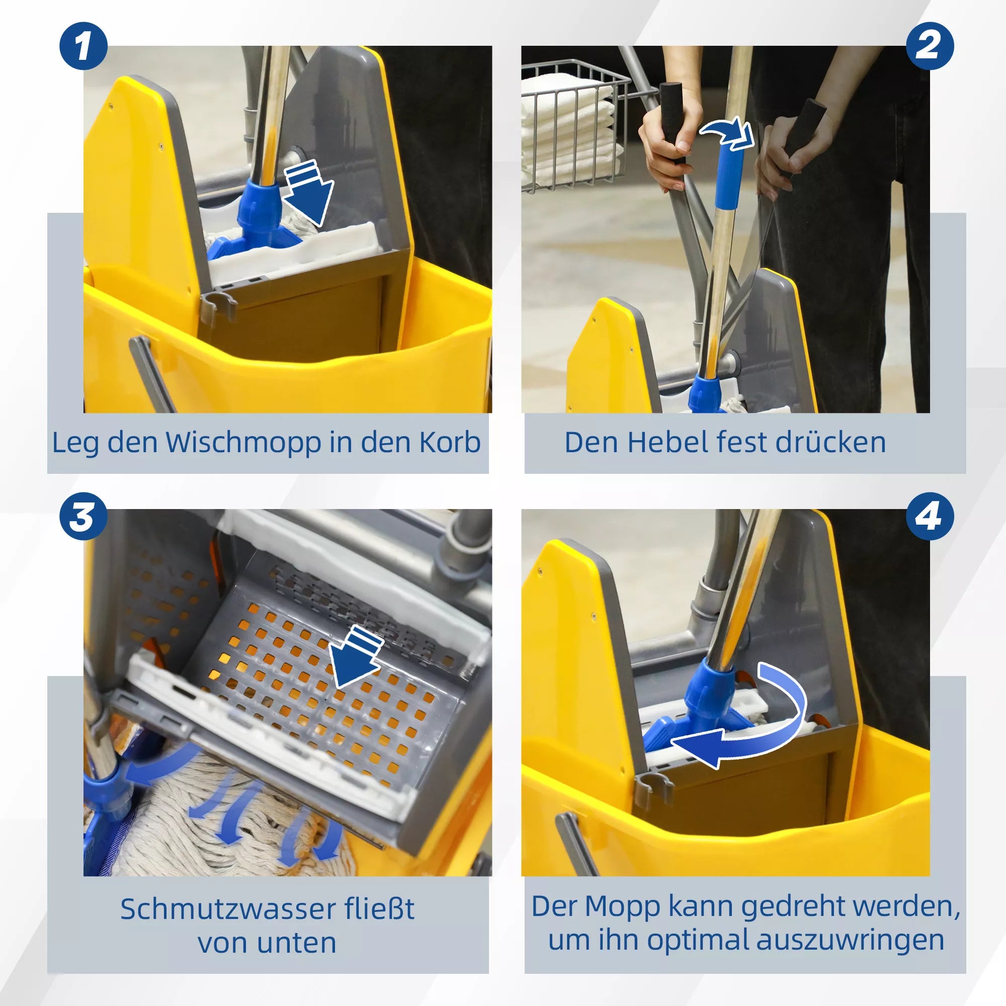 Grindų plovimo kibiras, su metaline rankena, ratukais,, plastikas ir metalas, geltonas