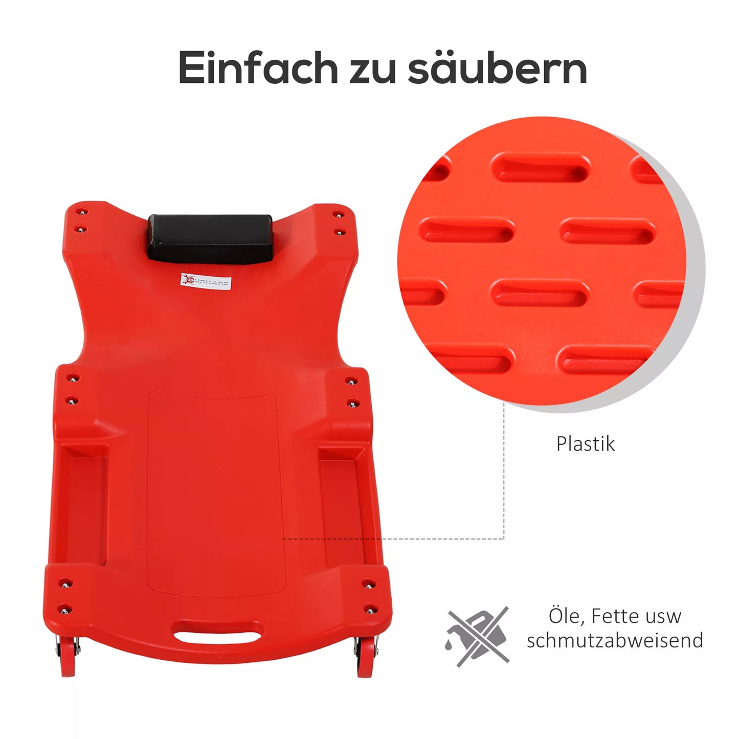 Montavimo vežimėlis, atrama galvai, padėklas įrankiams, atsparus aliejui, iki 120 kg, 100x48x12 cm, raudonas