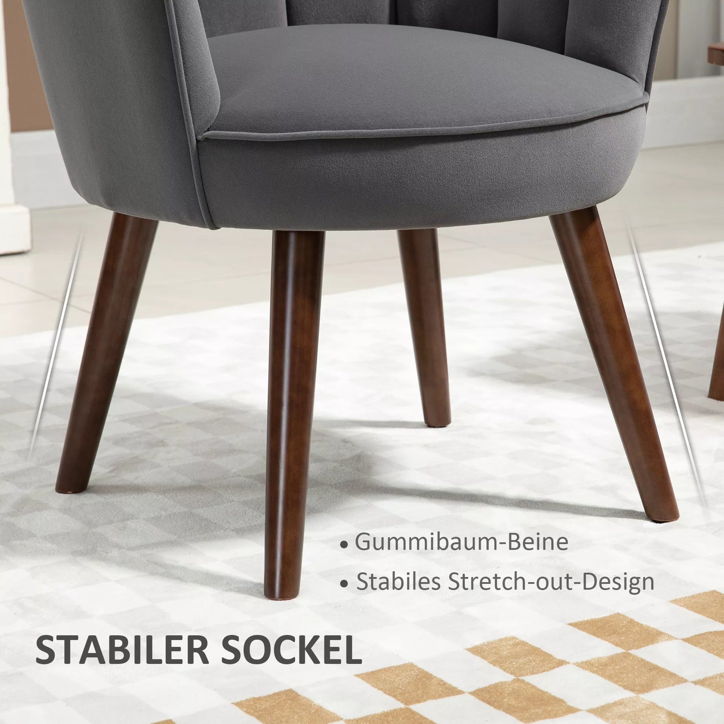 Svetainės fotelis, poilsio fotelis "Muzelės" formos, su medinėmis kojomis, paminkštintas fotelis skaitymui su aksomo išvaizda, paminkštinta kėdė miegamajam, tamsiai pilka