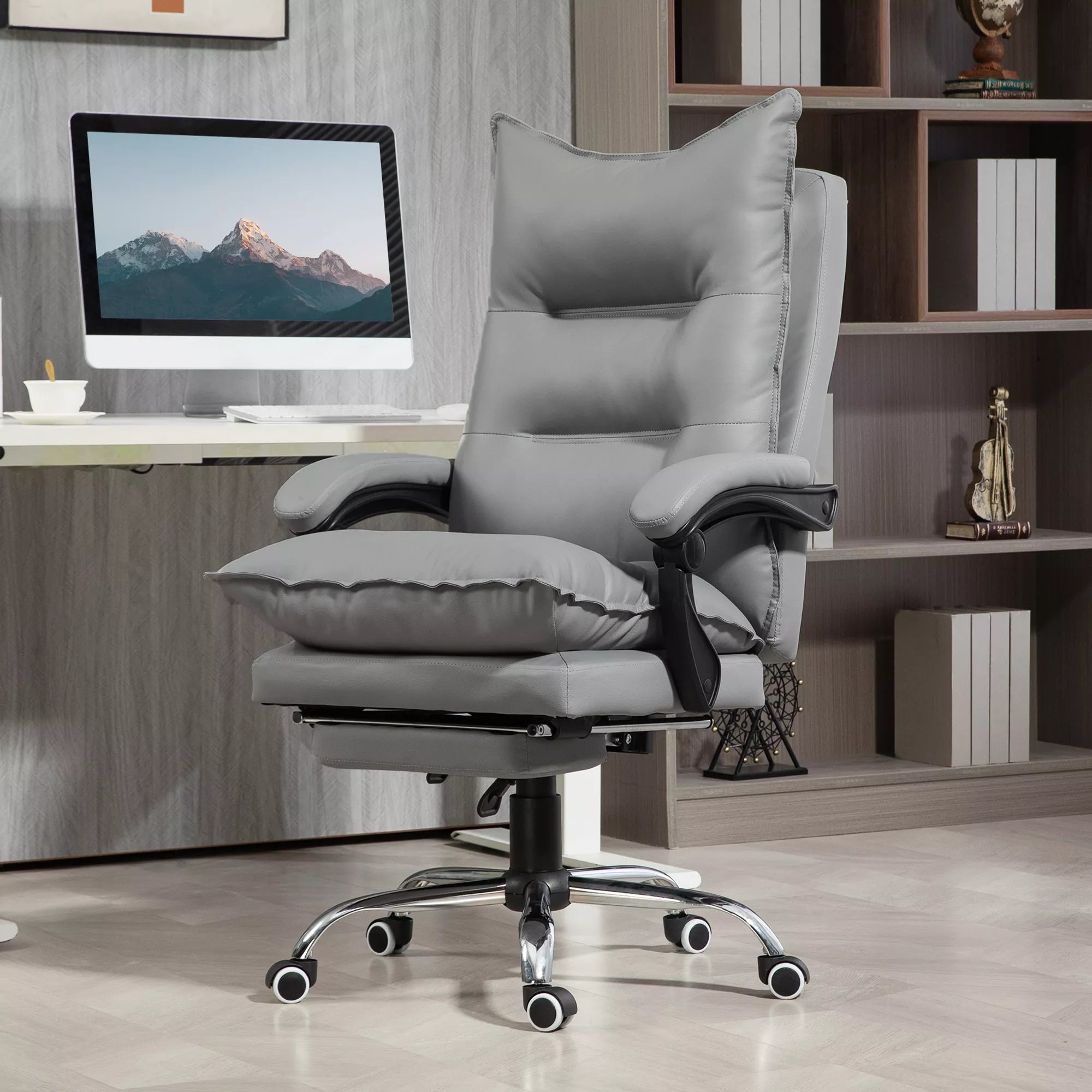 Ergonomiška biuro kėdė, reguliuojamas sėdynės aukštis, pakreipiamas atlošas, dirbtinė oda, šviesiai pilka