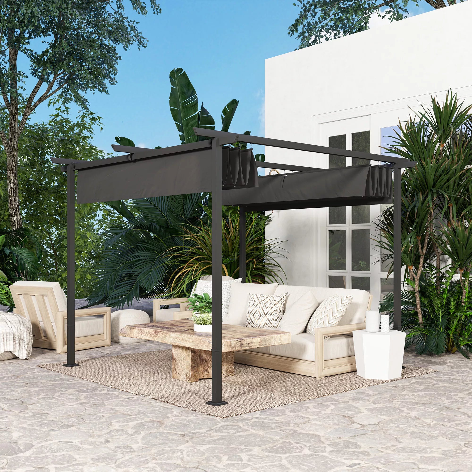 3 x 3 m sodo pergola su reguliuojamu stogu, metaliniu rėmu, UPF30+ apsauga, saulės stogu verandoje, terasoje, tamsiai pilka