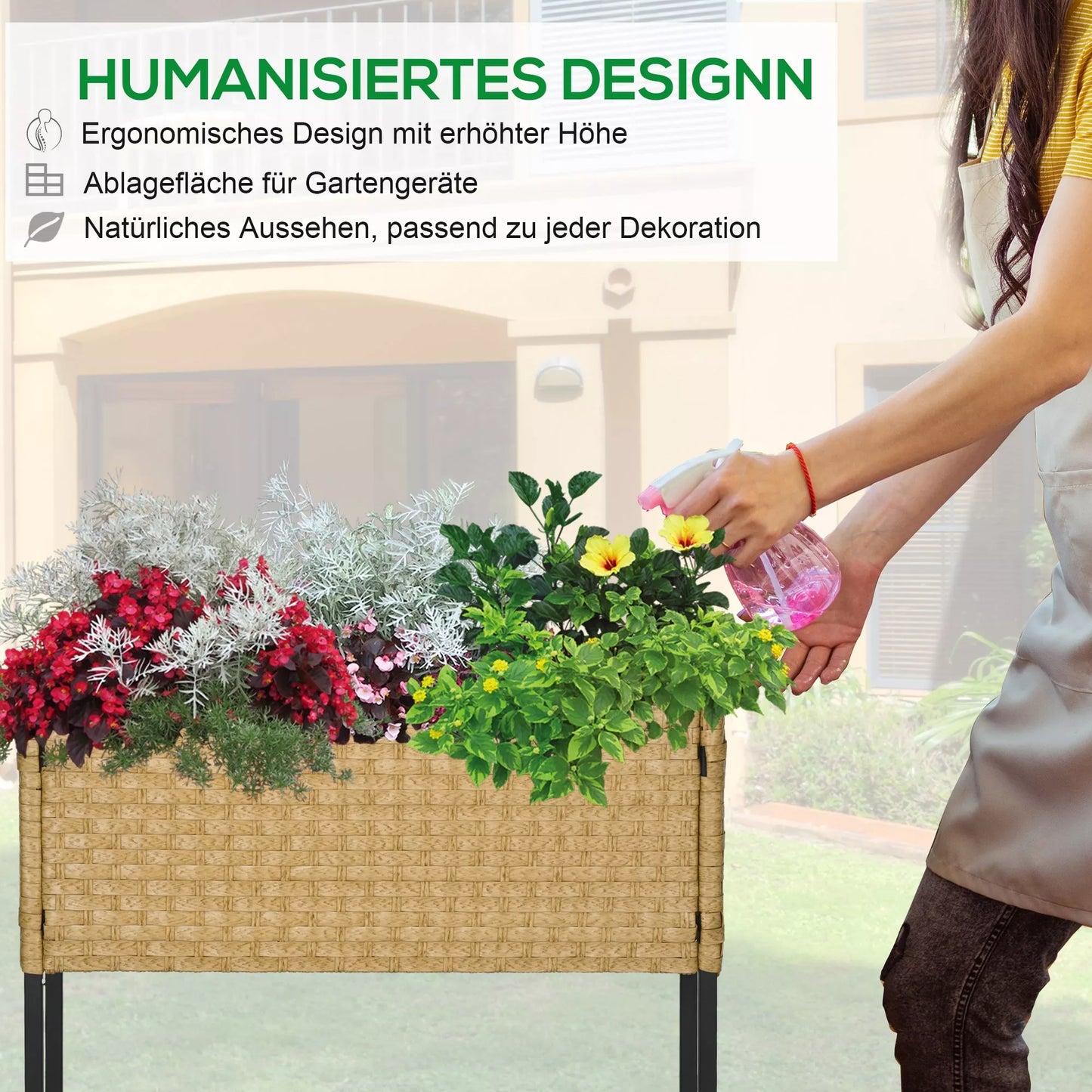 Pakeltas gėlynas, gėlių dėžė, gilus laikymo skyrius, metalinis rėmas/poliratanas, 70 x 30 x 72 cm, smėlio spalvos