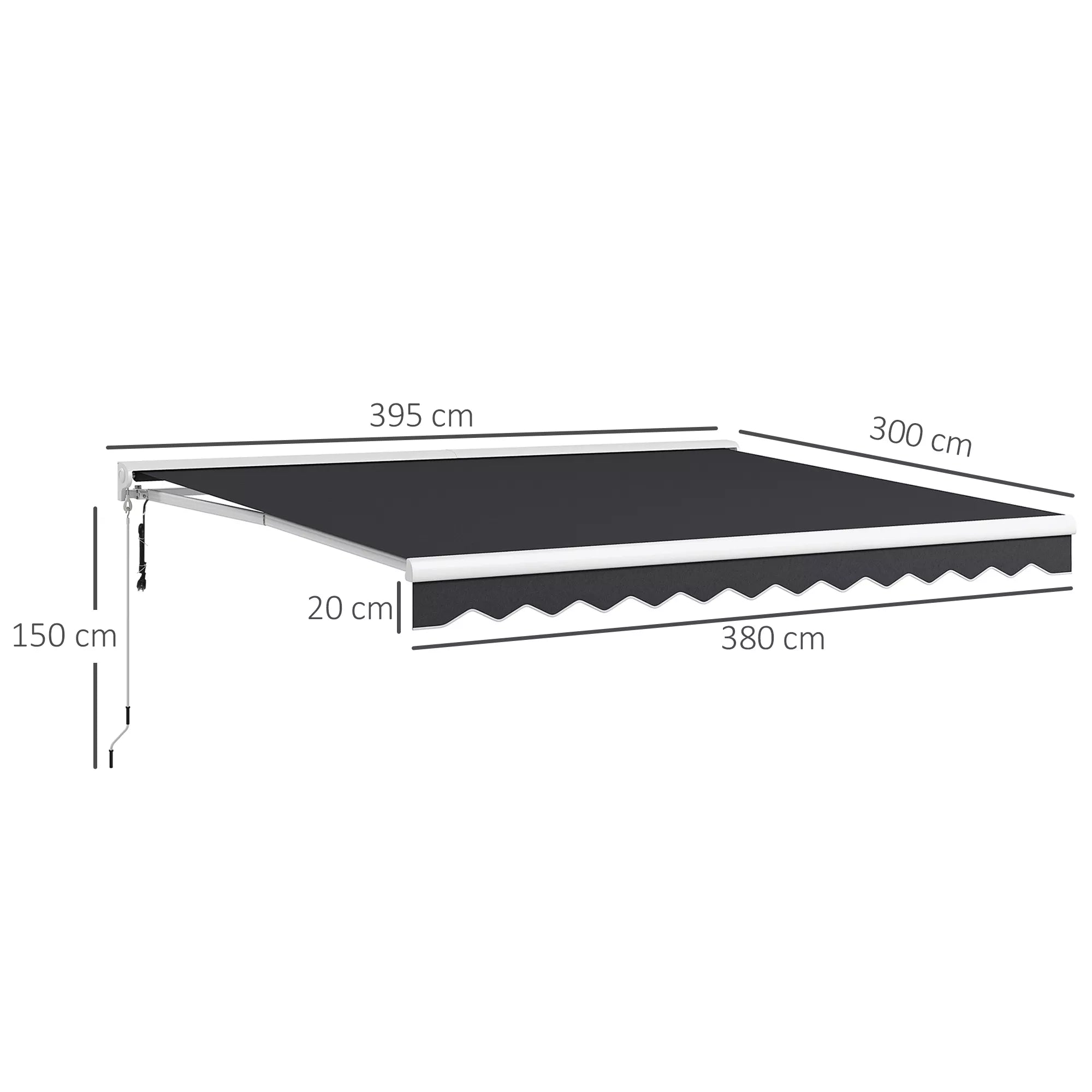 Markizė, elektra/ranka išskleidžiama, pusė kasetė, nuotolinio valdymo pultas, aliuminio rėmas, 4 x 3 m, pilka