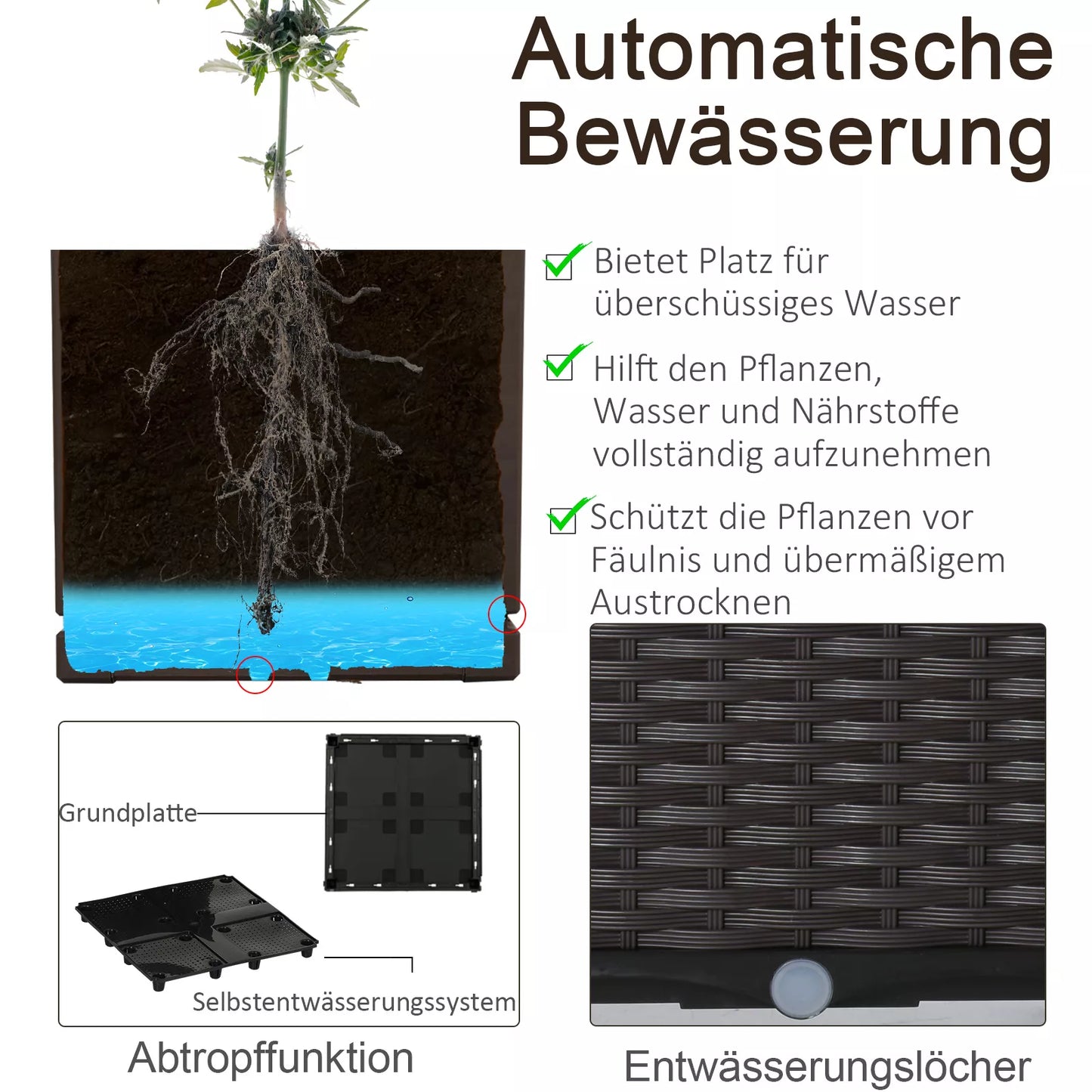 Paaukštintas lysvas, 6 dalių, augalų dėžė su drenažo skylutėmis, ratano imitacija, gėlių lovelis, pasidaryk pats (DIY), rudas, 40 x 40 x 44 cm