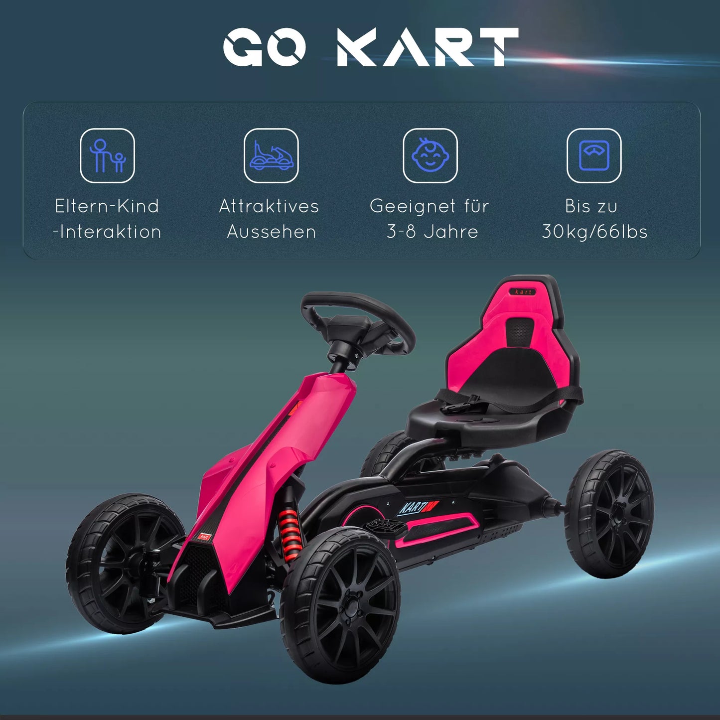 Go-Kart, vaikiška transporto priemonė su reguliuojama sėdyne, pedalinis automobilis su rankiniu stabdžiu, 3-8 metai, lauke, rožinis