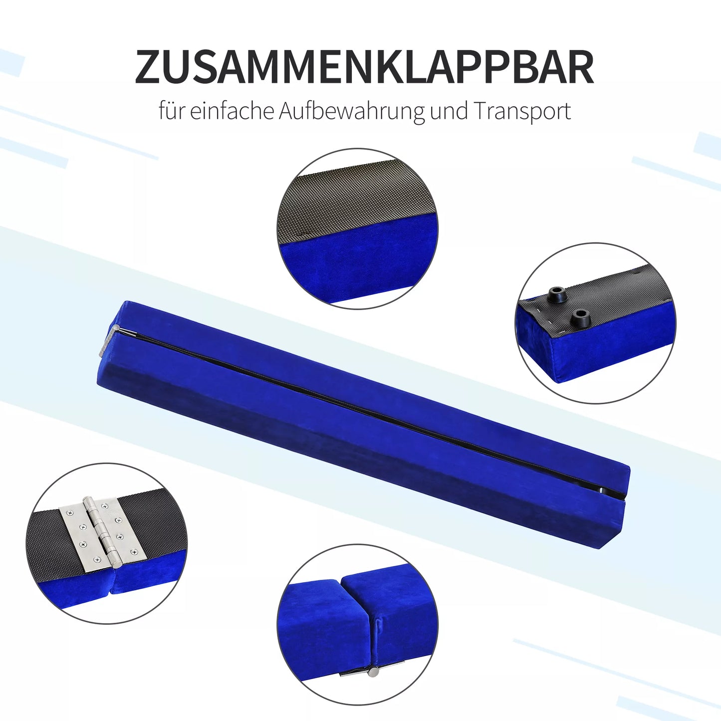 Sulankstoma pusiausvyros sija, neslystanti, su zomšos apdaila, tvirtas medienos pagrindas, 210 x 10 x 6,5 cm, mėlyna