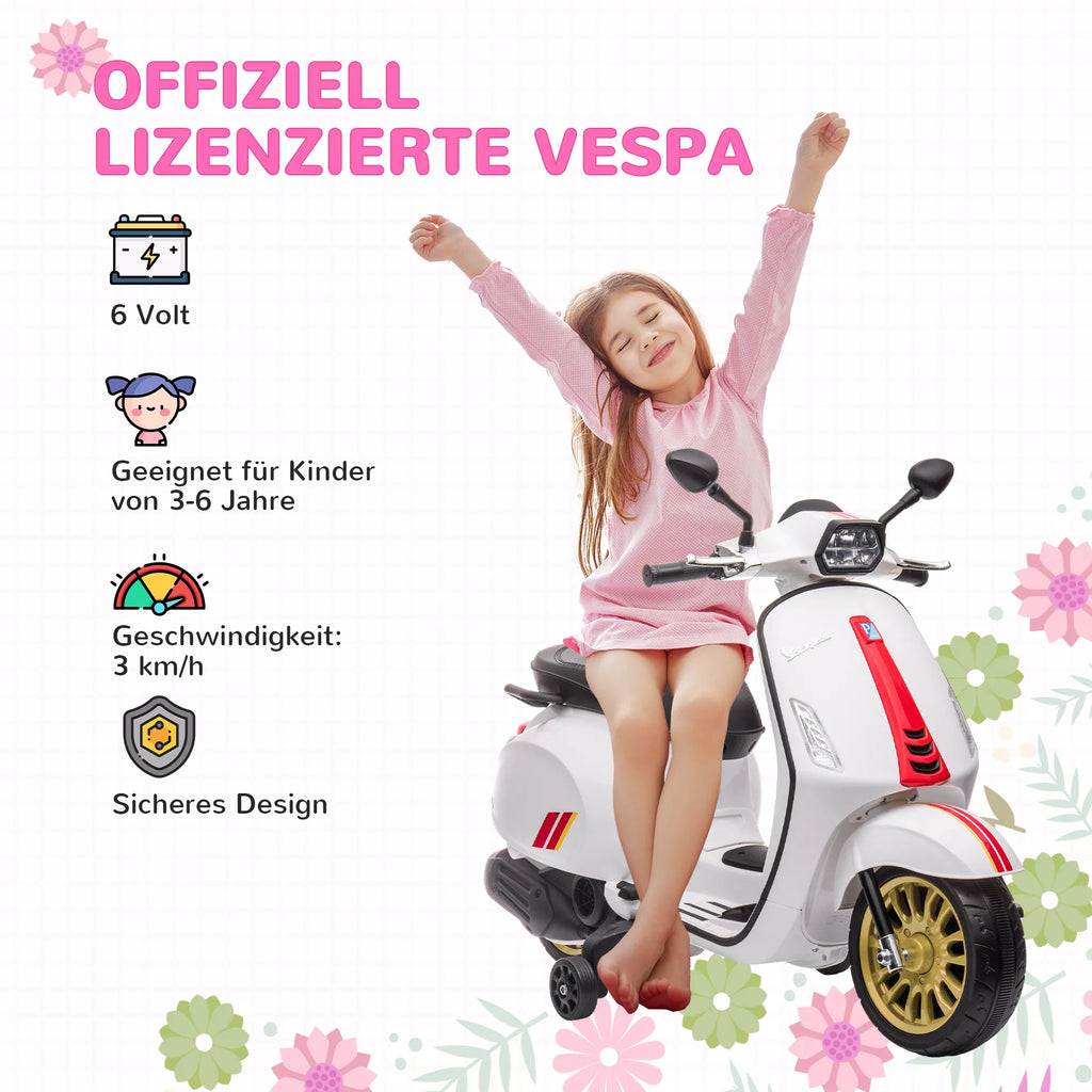 Elektrinis vaikiškas motociklas Vespa, 3 km/h, 3-6 metai, Muzika, Šviesos ir Radijas, Baltas