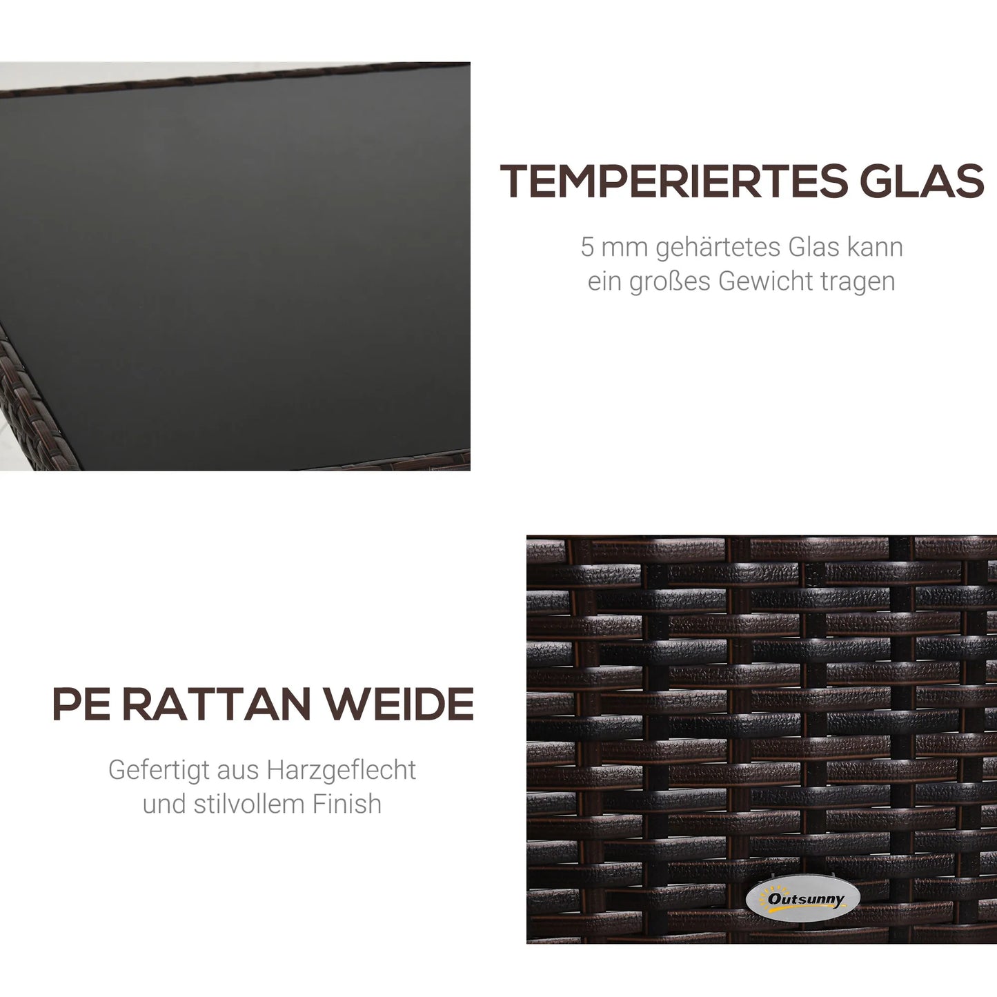 Lauko stalas, stiklinis stalas, valgomasis stalas, lauko baldų stalas, poliratanas + saugus stiklas, rudas + juodas, 150x85x74cm