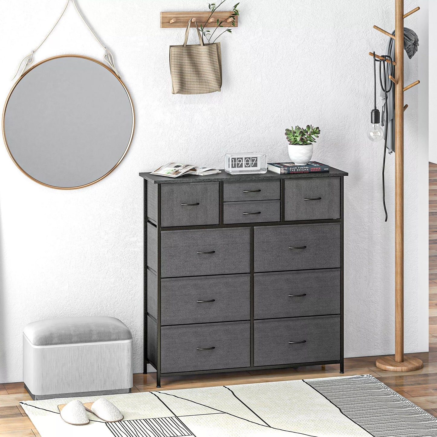 Komoda, bufetas su audinio stalčiais, 10 skyrių, metalinis rėmas, 100x30x100 cm, juoda