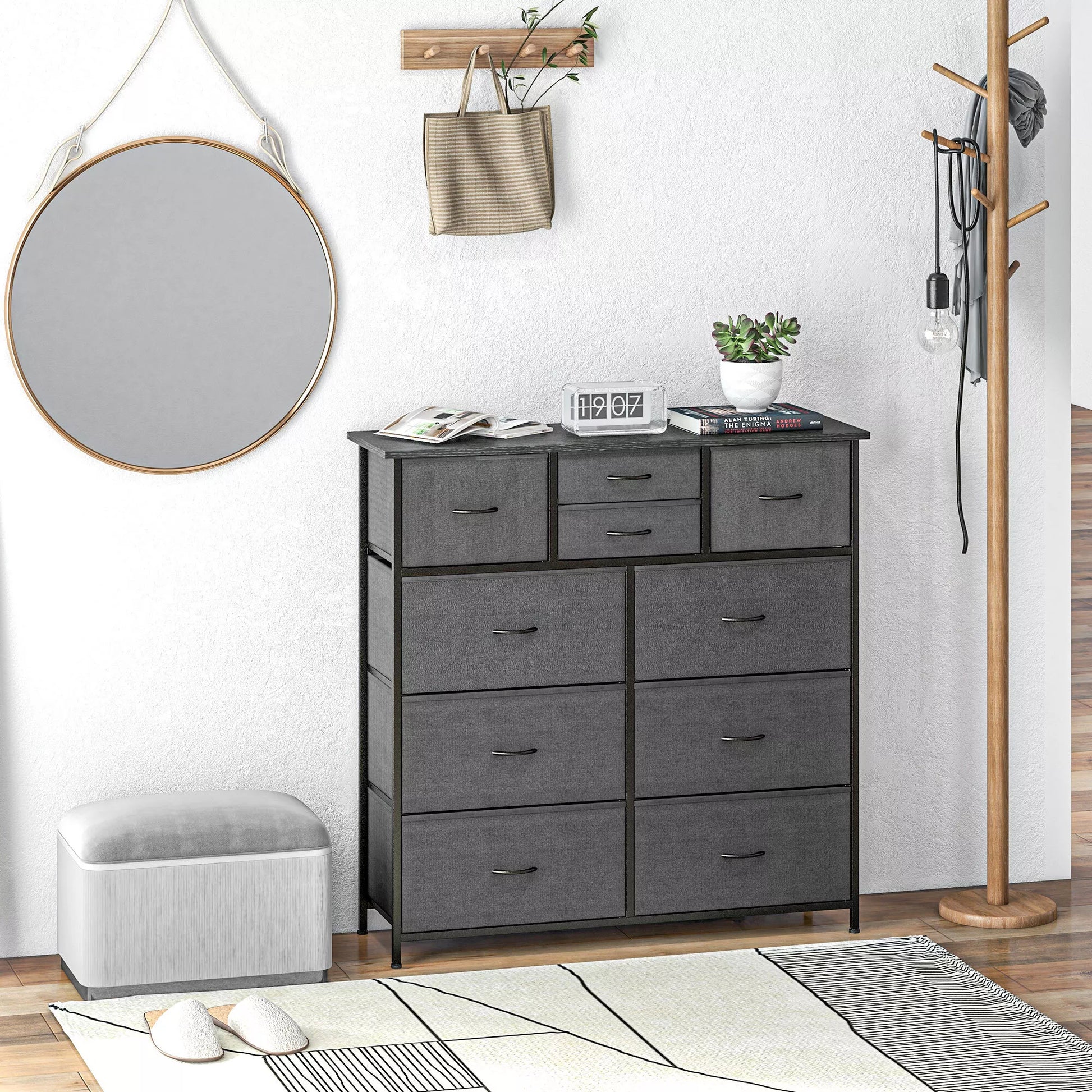 Komoda, bufetas su audinio stalčiais, 10 skyrių, metalinis rėmas, 100x30x100 cm, juoda