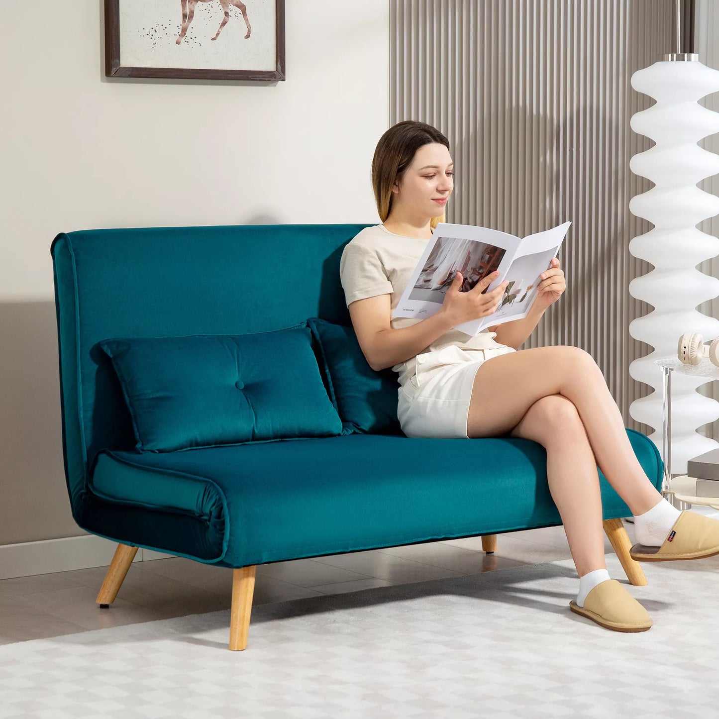 2 vietų miegojama sofa, sofa-lova, transformuojama į lovą, reguliuojama atlošas, audinio apmušalas, metalinis rėmas, žalia