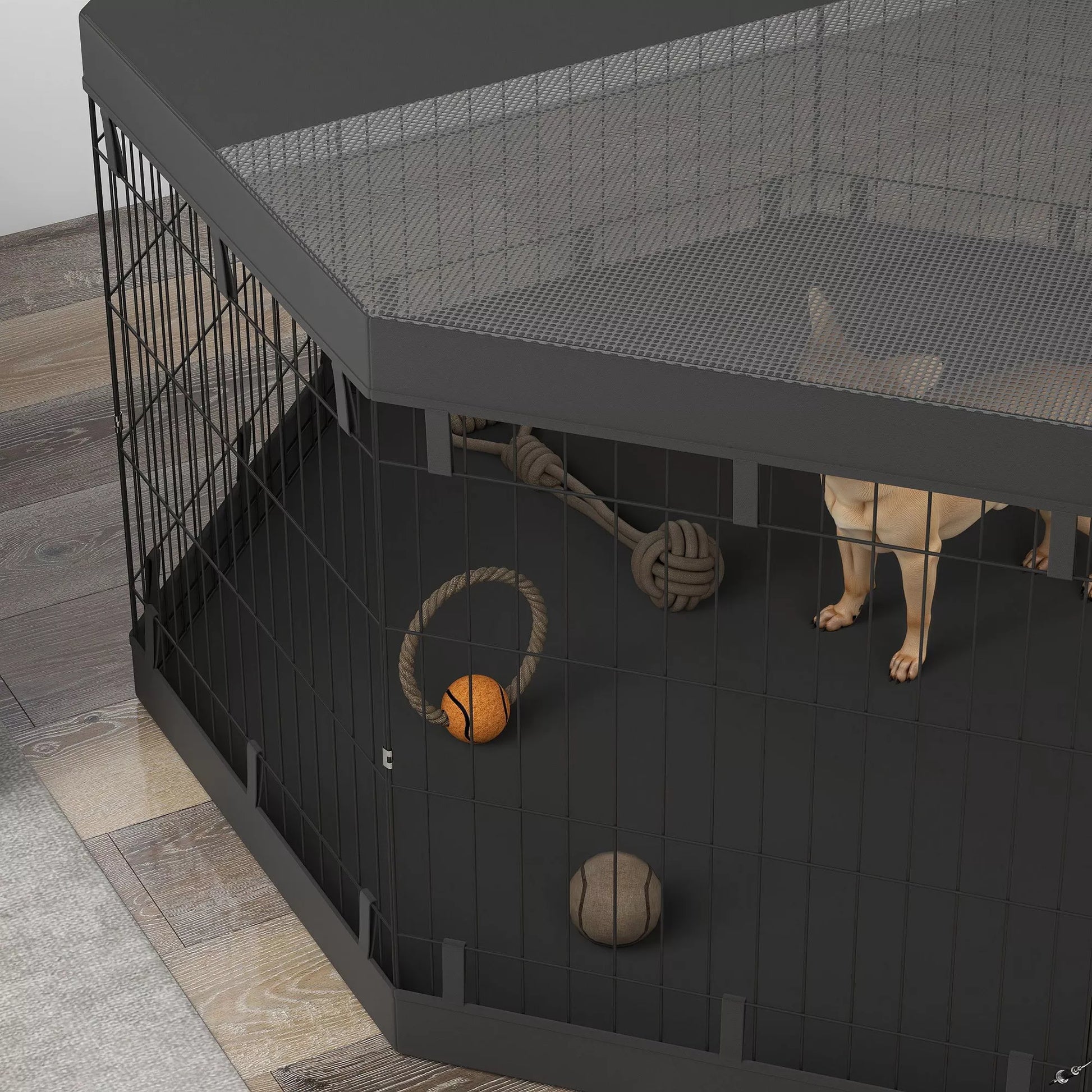 Šuniukų aptvaras, 76 cm aukščio/apie 2,5 m², 8 panelės, grindų danga, kombinuota stogo danga