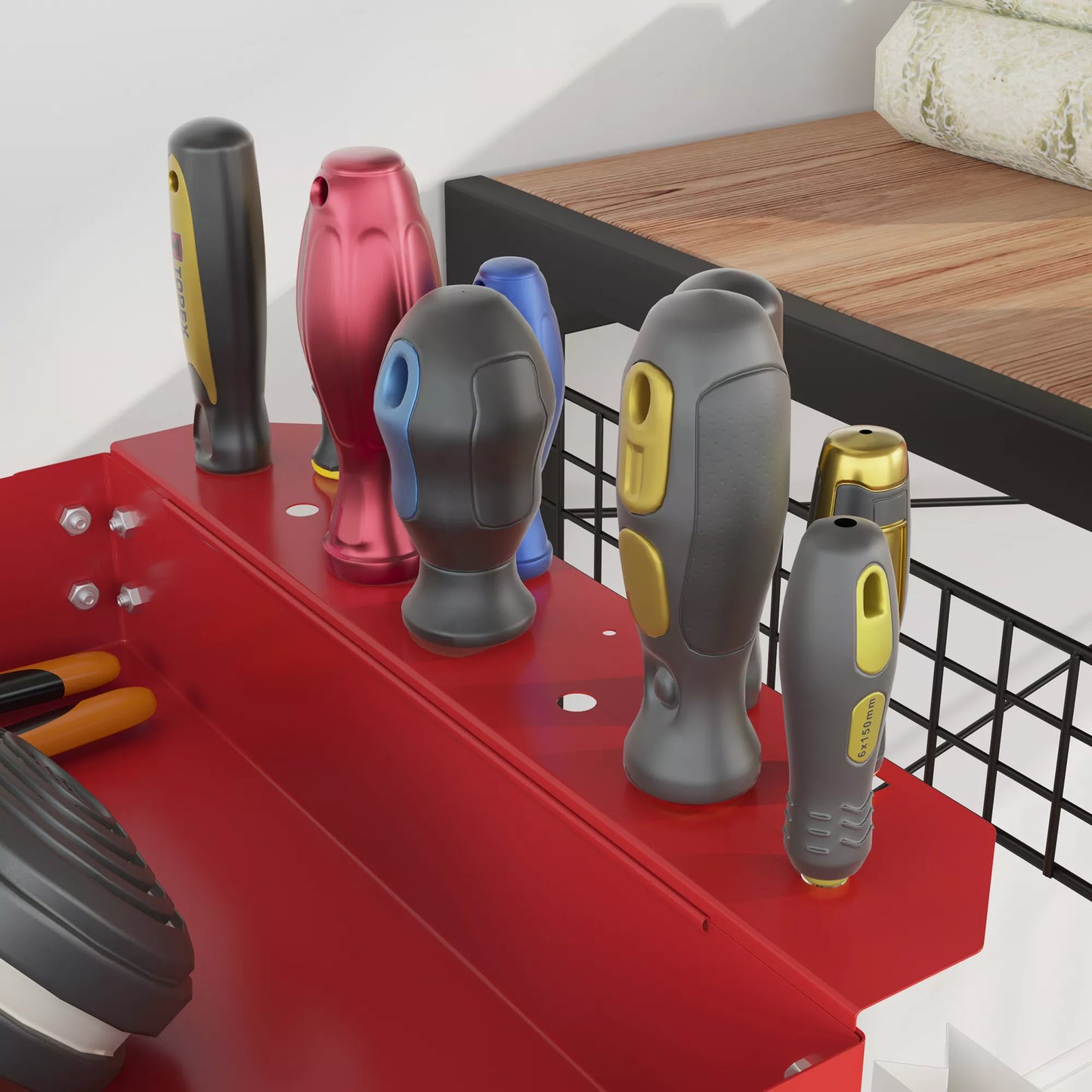 3 pakopų įrankių vežimėlis, 4 ratai, plienas, 83P x 35,3G x 76A cm, raudonas