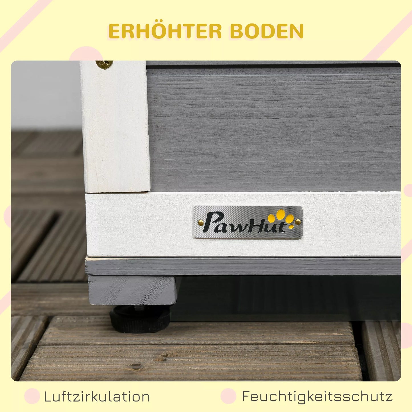 Šunų būda iš medžio masyvo, su 2 lesyklomis, terasa, atspari oro sąlygoms, 103 cm x 62 cm x 66 cm, Pilka + Balta