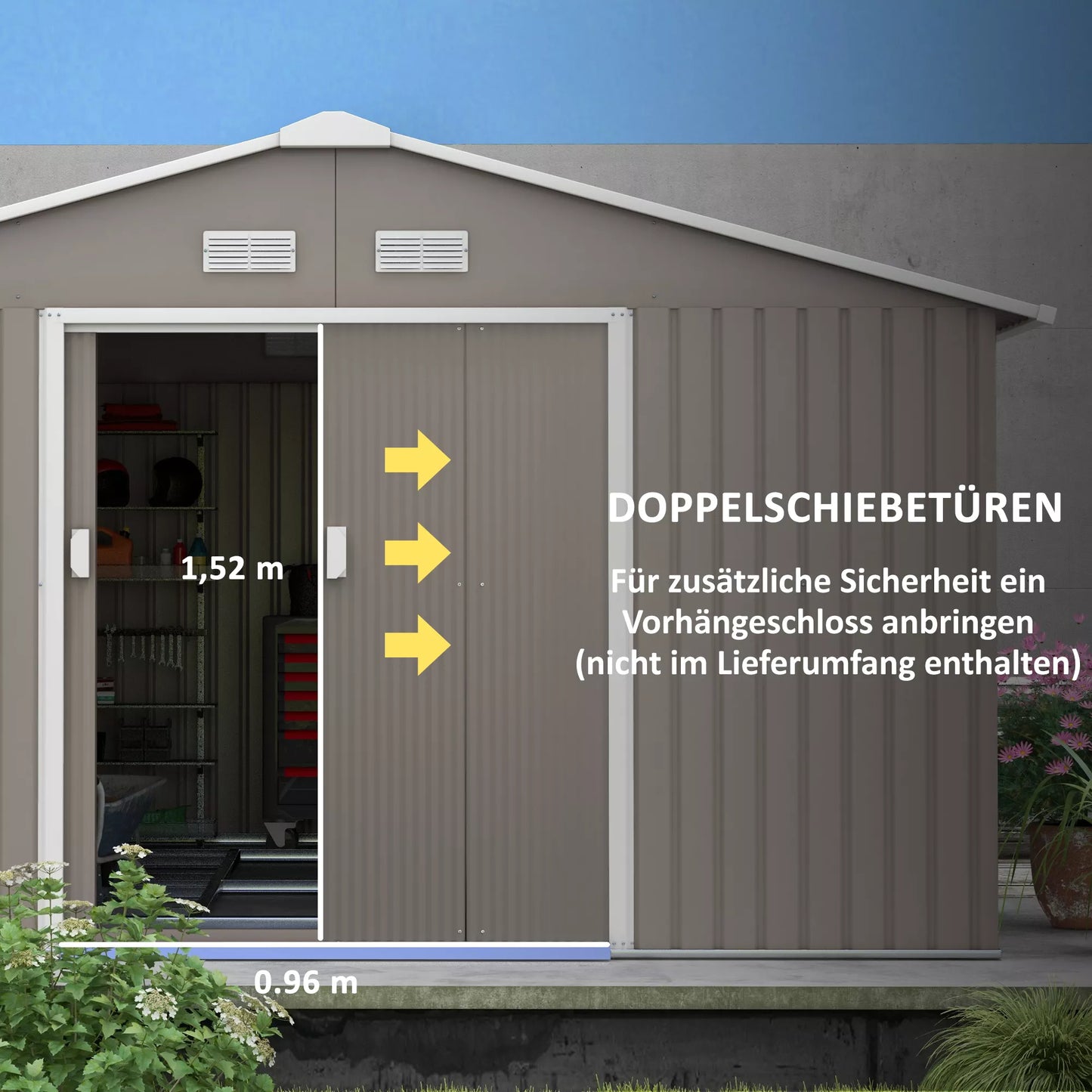 Sodo namelis įrankiams, atsparus oro sąlygoms, su ventiliacijos langeliais, stumiamosiomis durimis, plienas, šviesiai pilkas