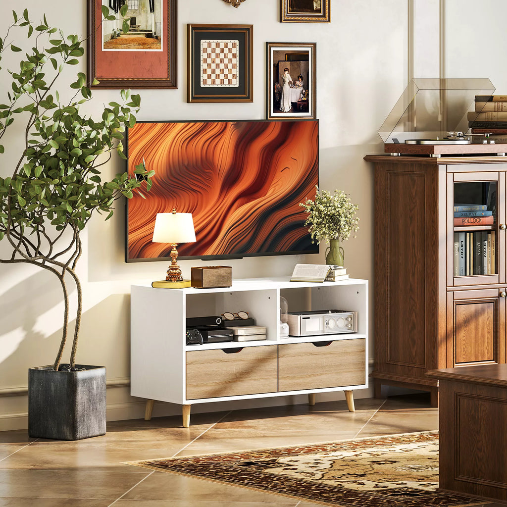 TV spintelė, TV komoda su stalčiais, atviros lentynos, mediena, 99 x 39 x 58 cm, balta