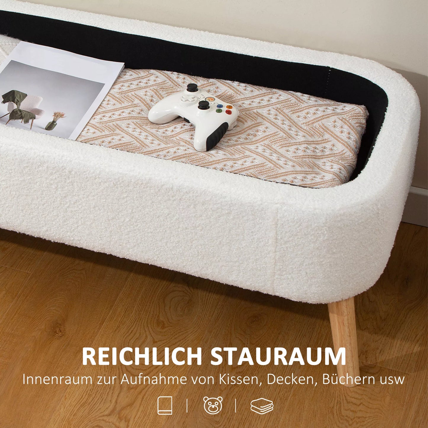 Sandeliukų suolas, sėdimoji suolas su 65 l talpa, Teddy Fleece audinys, kaučiuko mediena, 120 x 42 x 45 cm, kreminės baltos spalvos