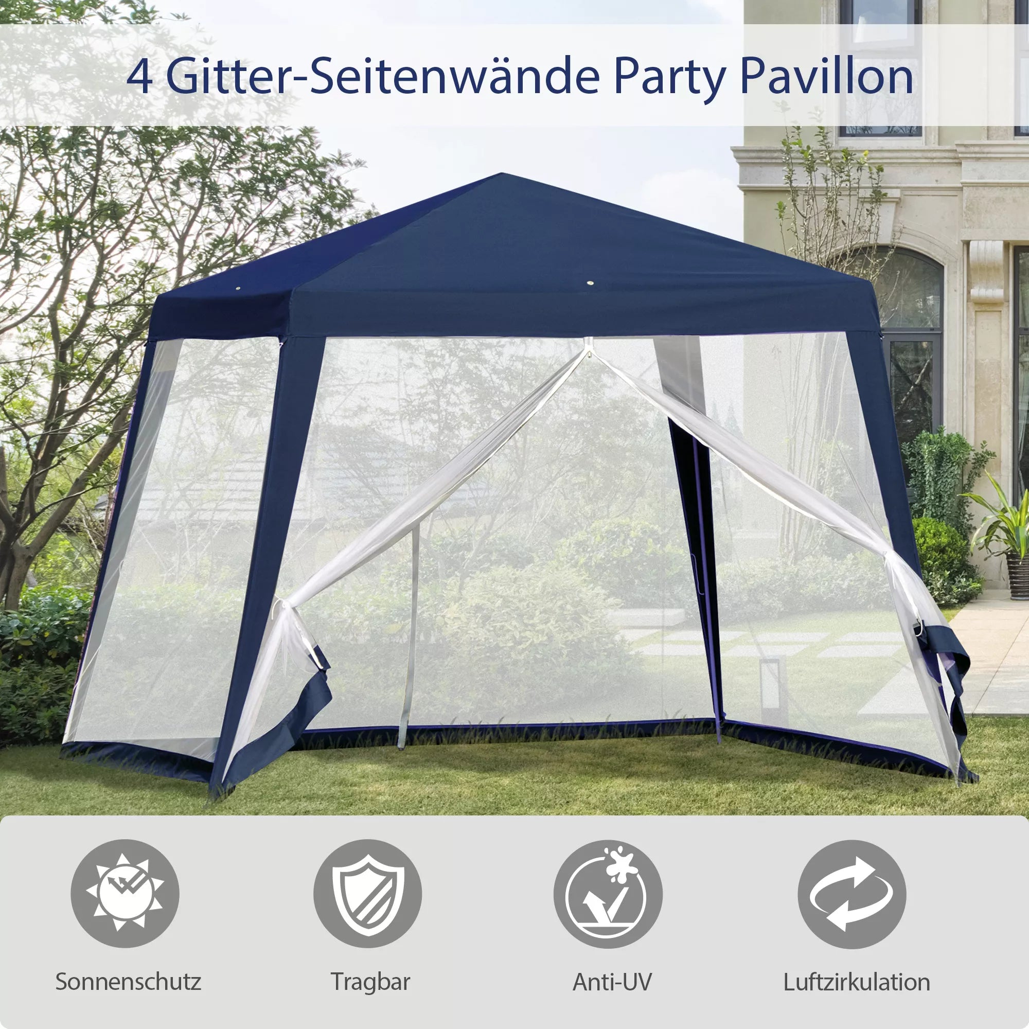 Sodo paviljonas, šventinis paviljonas, vakarėlių palapinė, atspari oro sąlygoms, su moskitine tinklele, metalas + poliesteris, mėlyna, 3 x 3 m