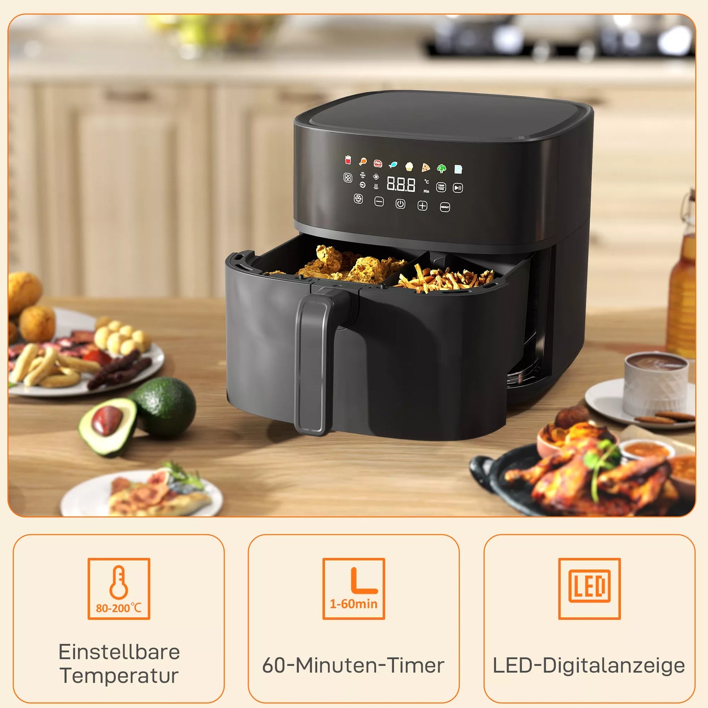 Oro gruzdintuvė, Air Fryer, 8 programos, 8 litrai, LED ekranas, juoda