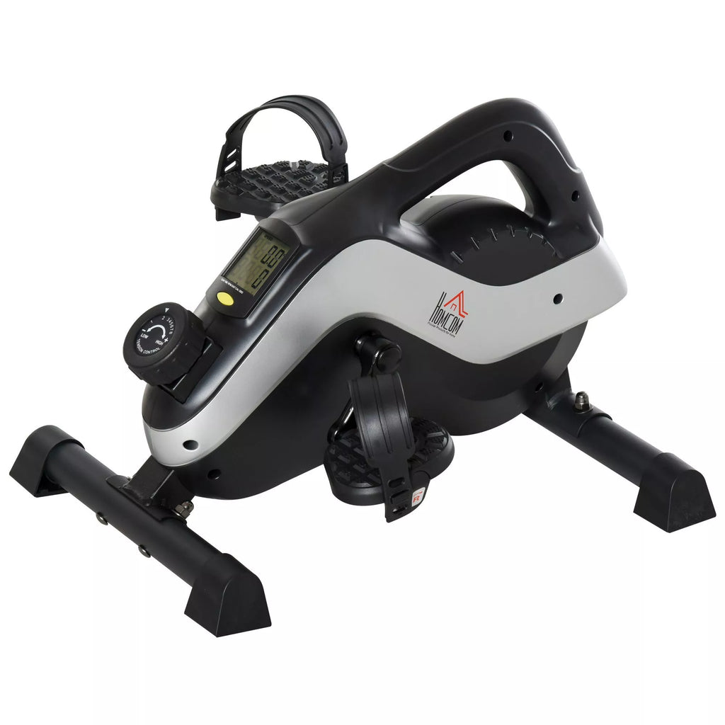 Juodas mini treniruoklis su LCD ekranu, pedalais ir diržais