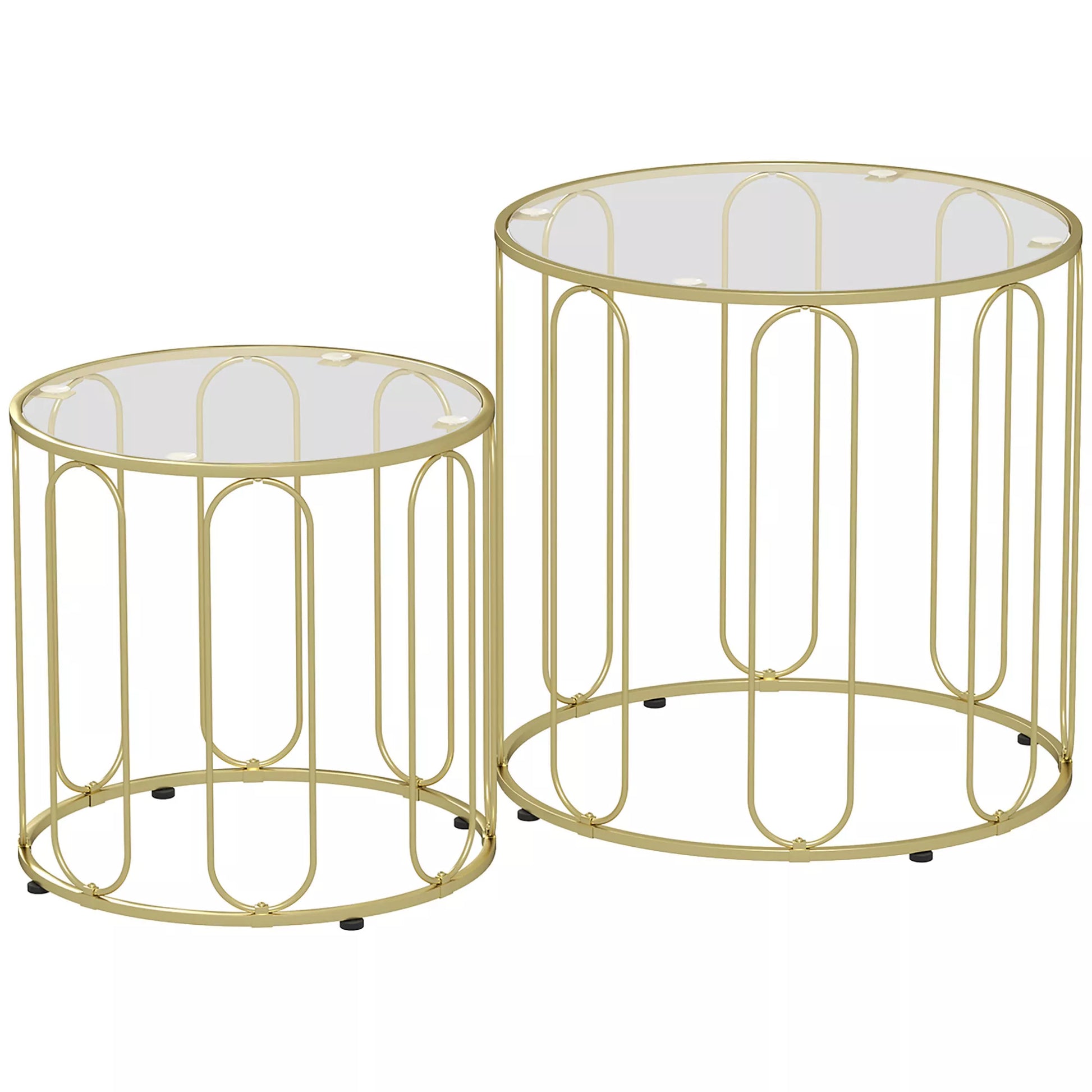 2 vnt. rinkinys, stikliniai stalai, vienas į kitą įstatomi, stikliniai stalviršiai, aukso spalvos metalinis rėmas