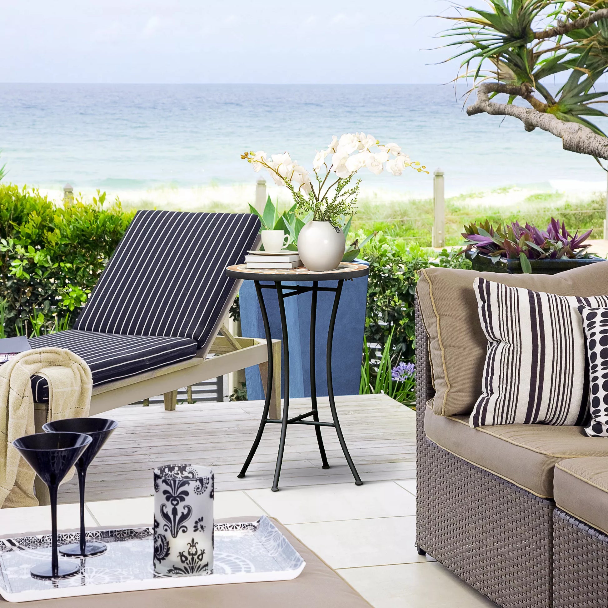 Tvirtas lauko staliukas Ø35,5cm apvalus, atsparus oro sąlygoms, tinklelio stiliaus balkono staliukas su mozaikos raštu, metalinis kempingo staliukas, kavos staliukas svetainei, biurui, lauke ir viduje, geltonas+pilkas