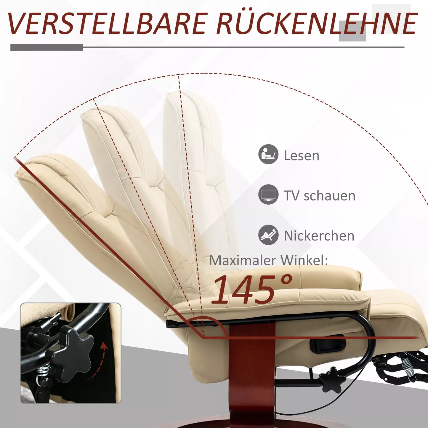 Krėslas su relaksacijos funkcija, reguliuojamas, su gulėjimo funkcija, iki 120 kg, dirbtinė oda, 78 x 87 x 100 cm, kreminės spalvos