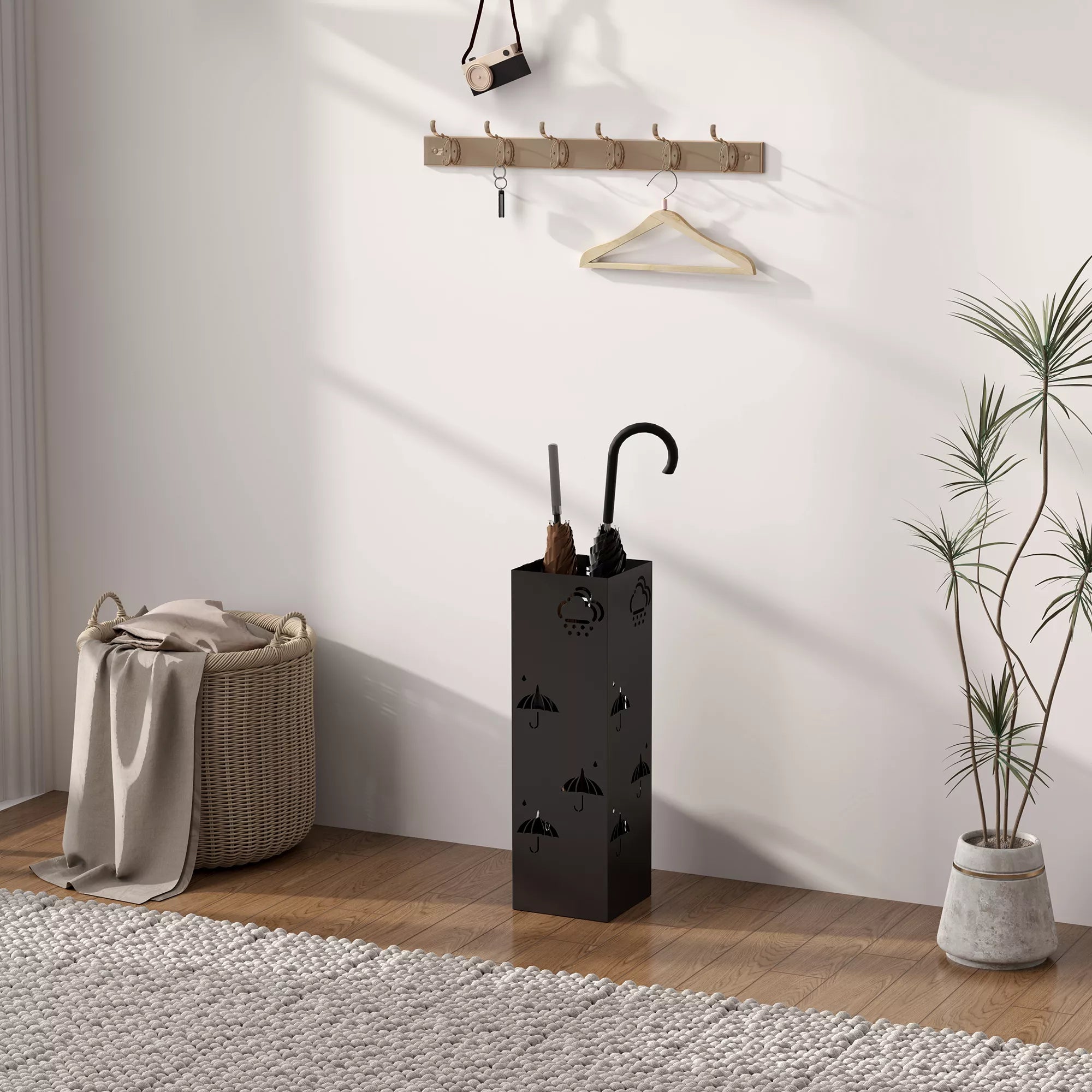 Skėčių stovas su lašų surinkimo padėklu, 19 x 19 x 53 cm, juodas