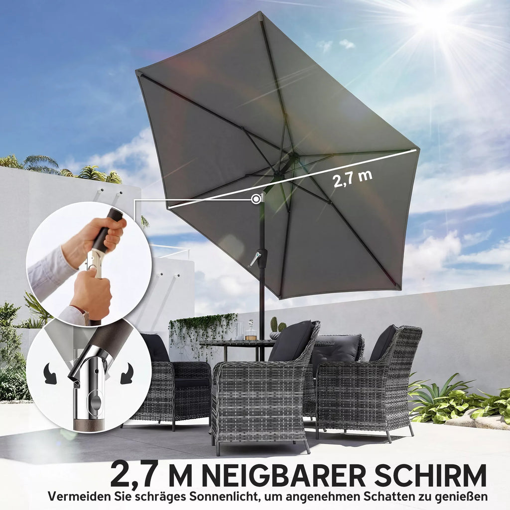 Skėtis nuo saulės 270 cm sulankstomas balkono skėtis su rankena UV 50+ sodo skėtis tamsiai pilkos spalvos