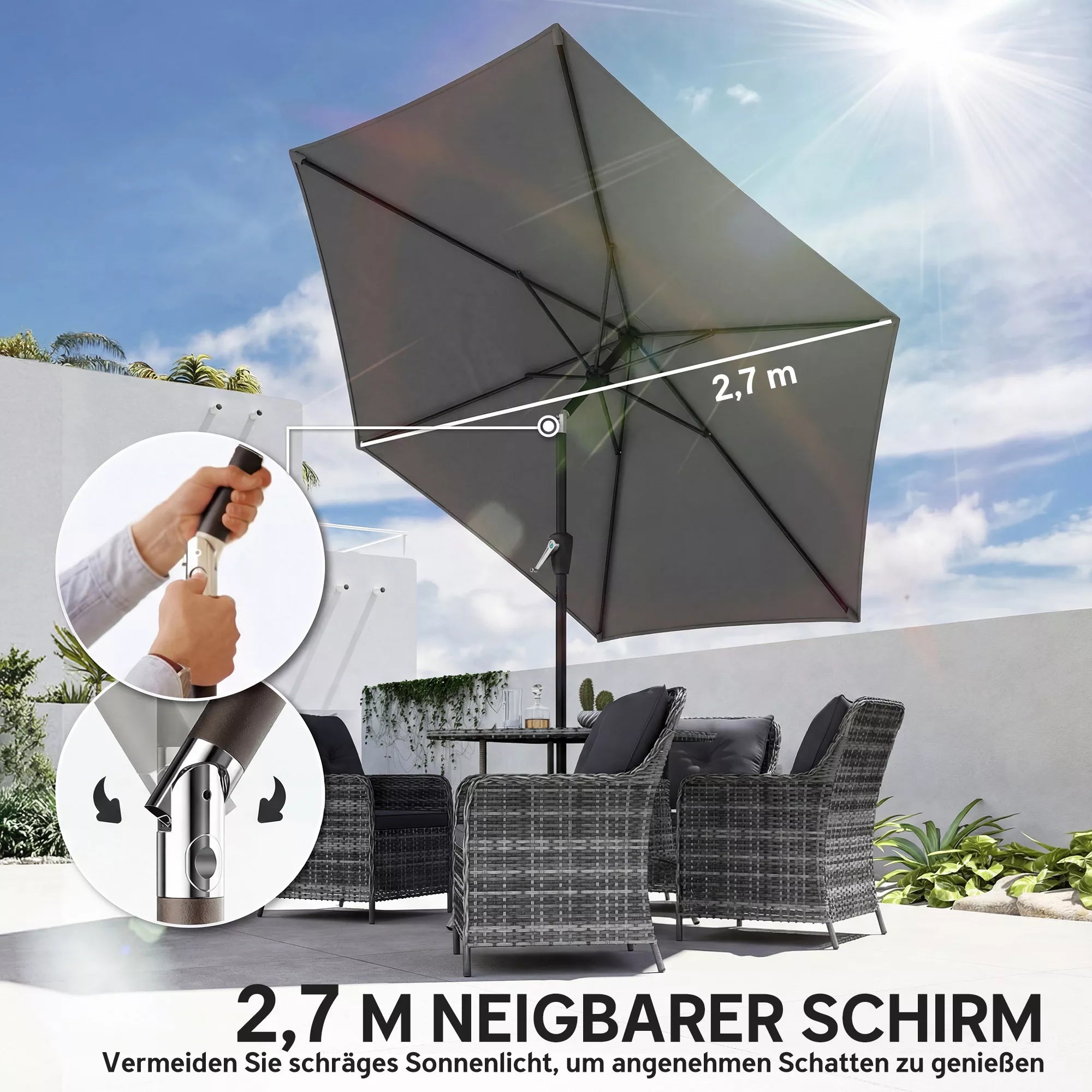 Skėtis nuo saulės 270 cm sulankstomas balkono skėtis su rankena UV 50+ sodo skėtis tamsiai pilkos spalvos